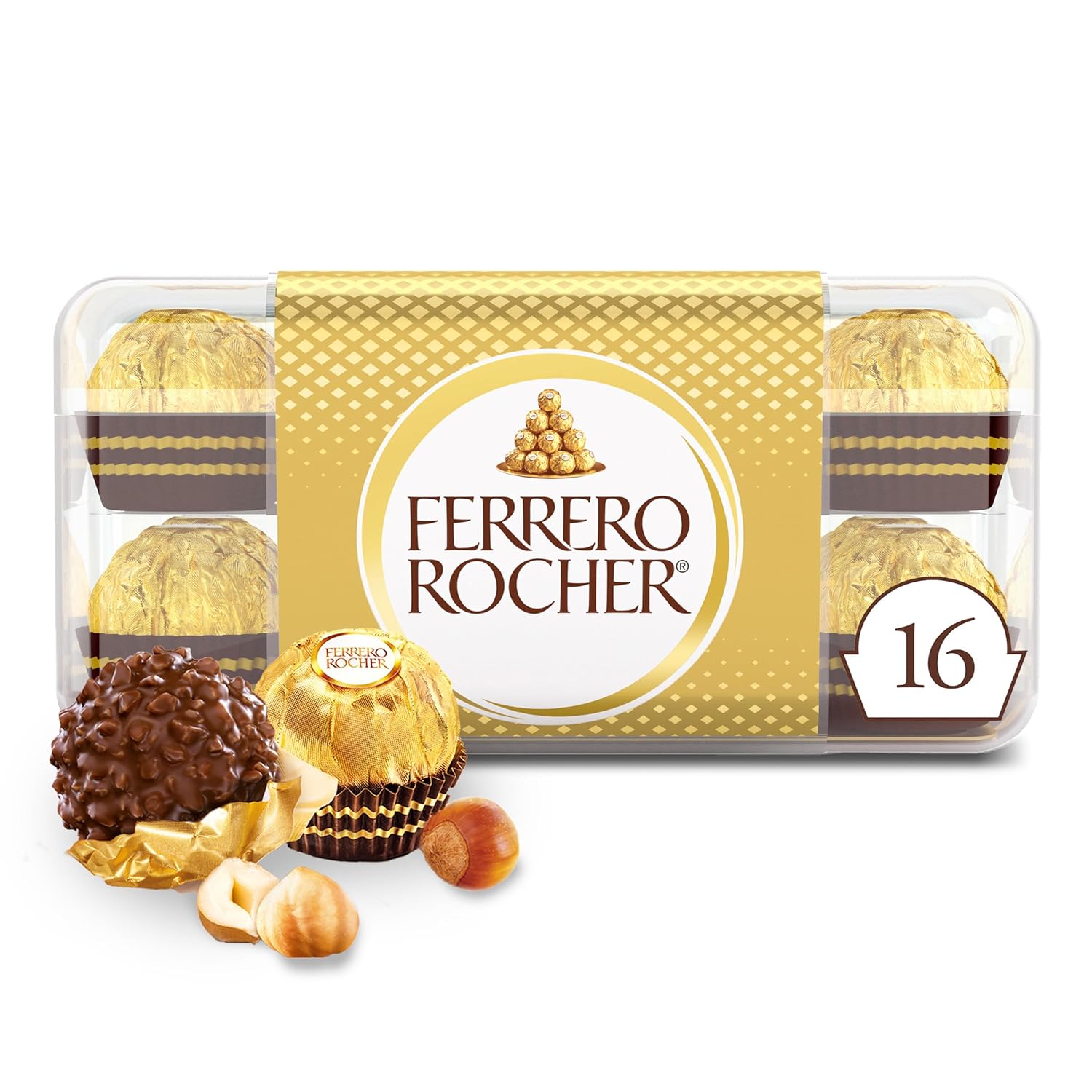 Ferrero Rocher gourmet hazelnut milk chocolate gift box with 16 individually wrapped chocolates, 7 oz, perfect for gifting and sharing