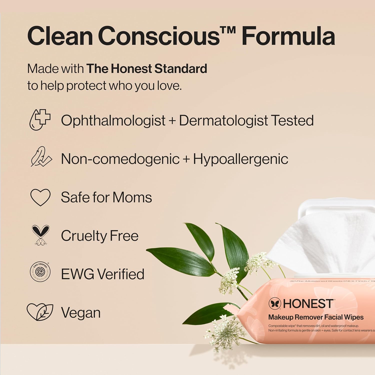 honest beauty fragrance-free makeup remover wipes, 30 count, plant-based, hypoallergenic