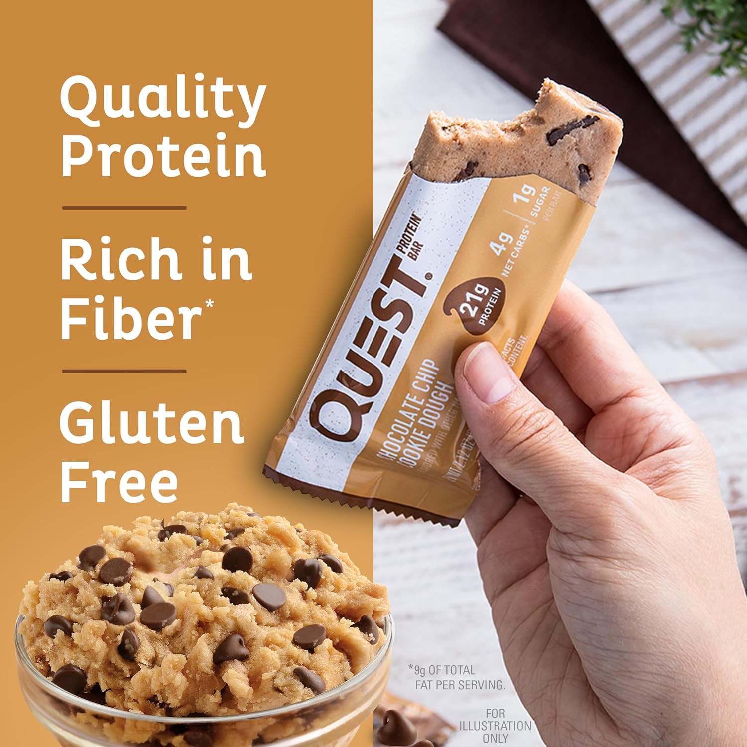quest nutrition chocolate chip cookie dough protein bars 21g protein 1g sugar 4g net carb gluten free 12 count