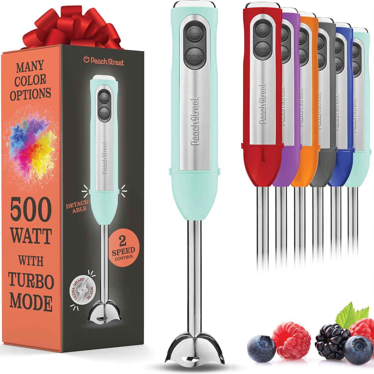 Powerful Immersion Blender, Electric Hand Blender 500 Watt with Turbo Mode, Detachable Base. Handheld Kitchen Gadget Blender Stick for Soup, Smoothie, Puree, Baby Food, 304 Stainless Steel Blades