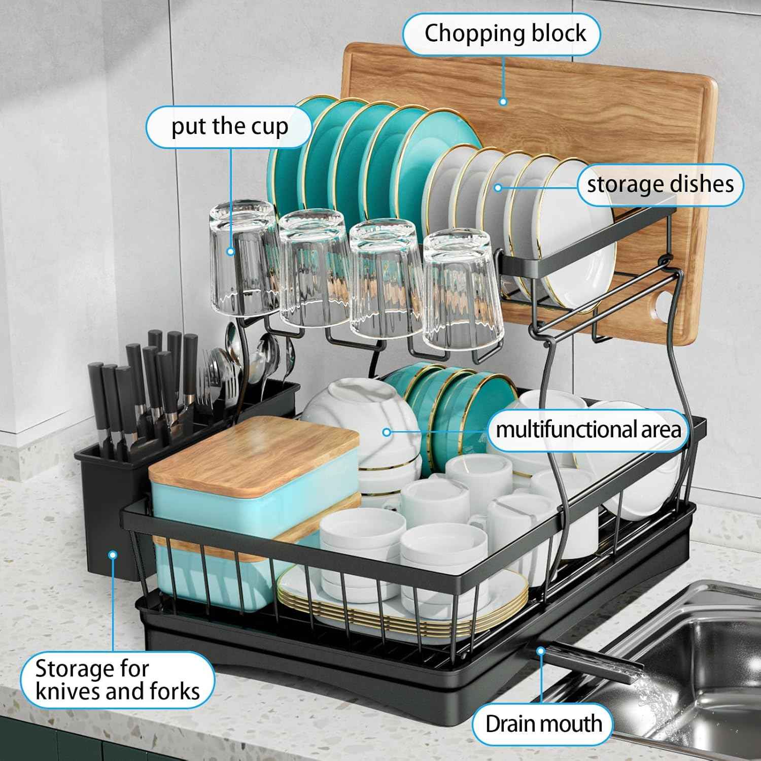 7 code Large Dish Drying Rack for Kitchen Counter, Detachable Large Capacity Dish Drainer Organizer, 2-Tier Dish Racks with Utensil Holder, Black