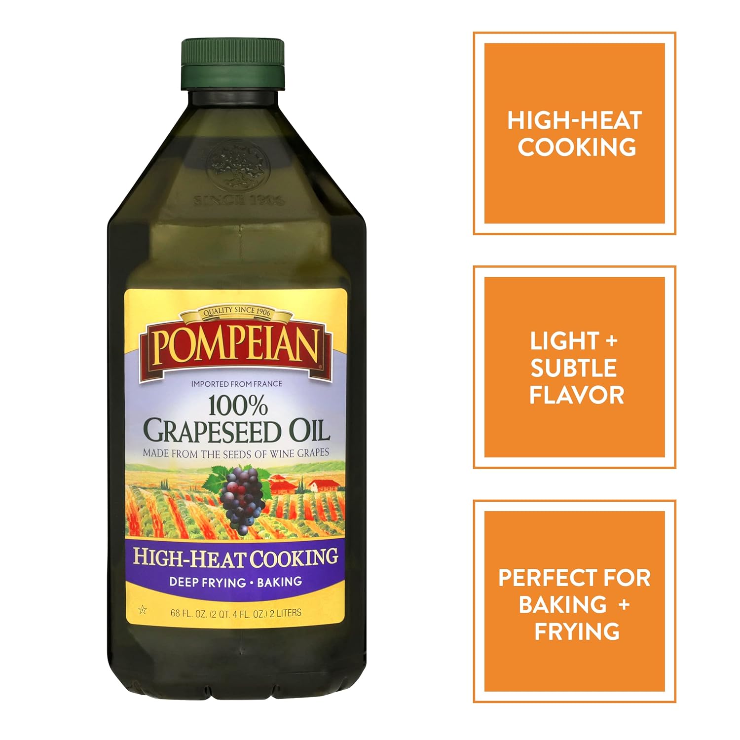Pompeian 68 fl oz 100% Grapeseed Oil, Non-GMO, Gluten-Free, Kosher, Light and Subtle Flavor