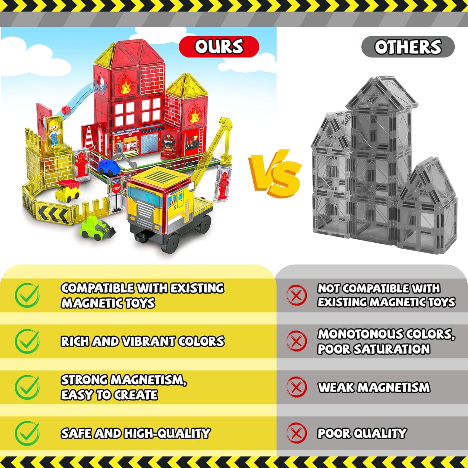 Magnetic Tiles for Kids, 56PCS Construction Magnet Tiles with Fire Truck Station, Building, Road, Crane, Car Truck - STEM Magnetic Blocks for Kids Ages 4-8, Toys for 4 5 Year Old Boys Birthday Gifts