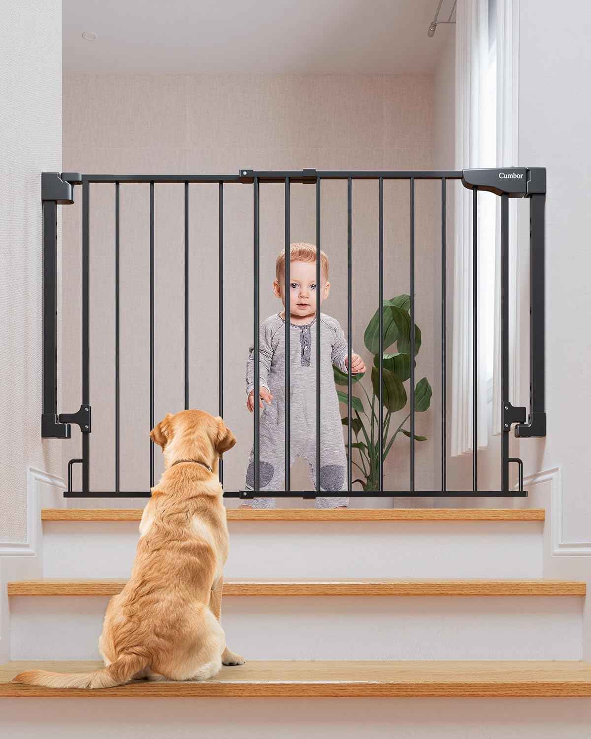 Cumbor 29.2–43" Baby Gate for Stairs, Wall-Mounted (Drill Required), Expandable No Bottom Bar Dog Gate, Auto Close Extra Wide Walk Thru, Pet & Toddler Proof Gate, Top & Bottom of Stairways (White)
