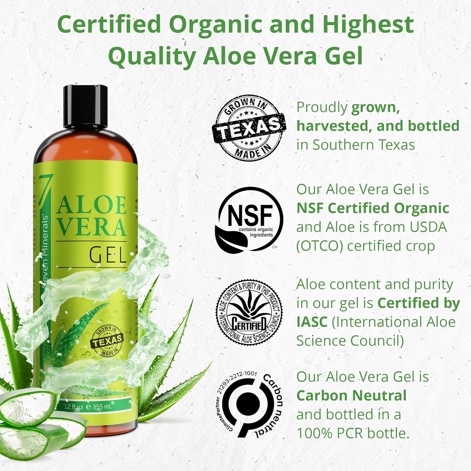 seven minerals organic aloe vera gel - 12oz - texas grown - vegan - unscented - for skin hair sunburn relief