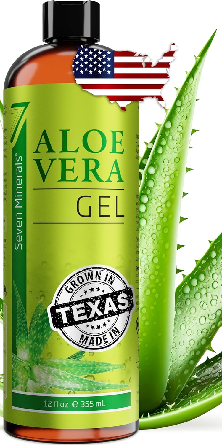 seven minerals organic aloe vera gel - 12oz - texas grown - vegan - unscented - for skin hair sunburn relief