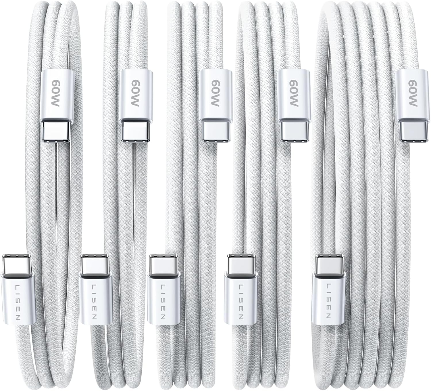 Lisen 5-pack usb c to c cable, 60w fast charging, 10ft for iphone 17, ipad, galaxy s25/s24