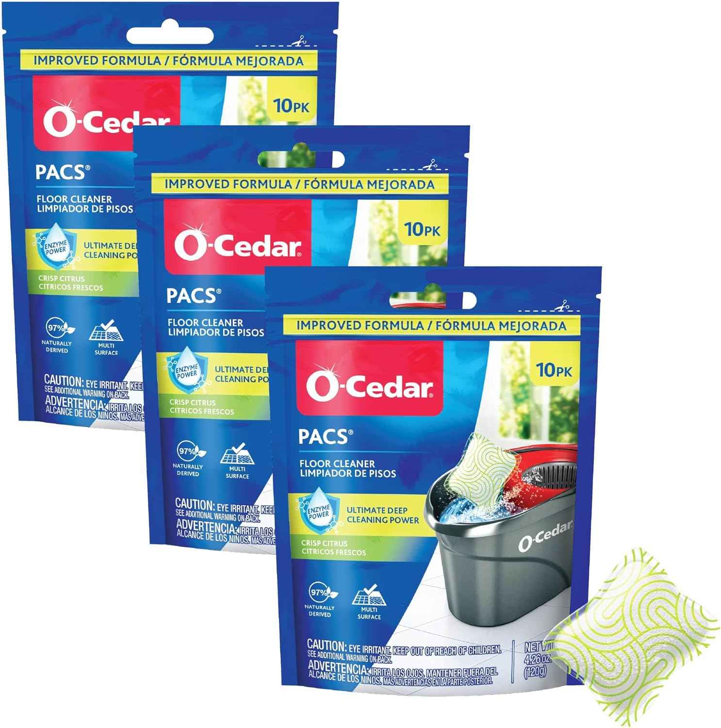 O-Cedar PACS Hard Floor Cleaner, Crisp Citrus Scent 10 Count (1-Pack) | Made with Naturally-Derived Ingredients | Safe to Use on All Hard Floors | Perfect for Mop Buckets