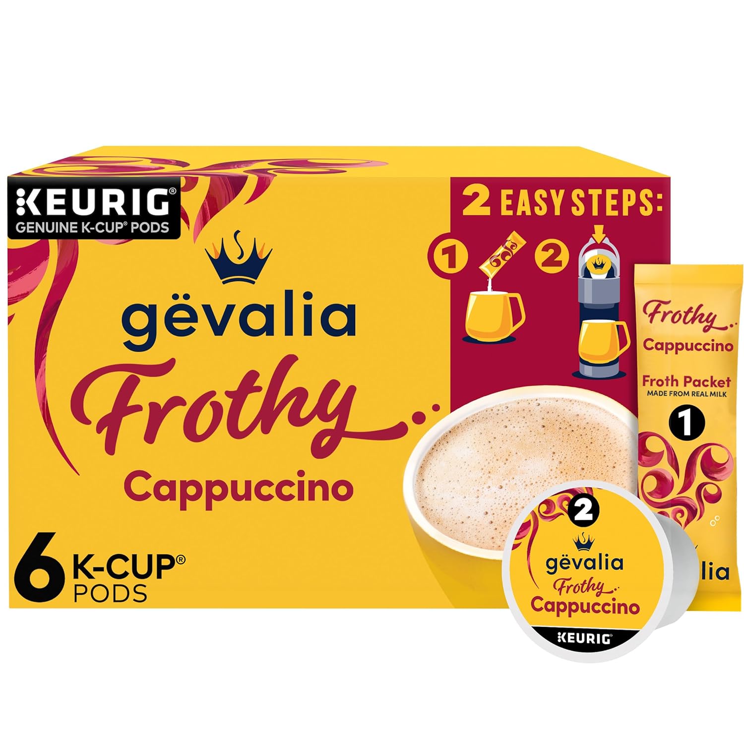 Gevalia Frothy Artificially Flavored Cappuccino Espresso Style K-Cup Pods & Froth Packets Kit, 6ct, Compatible with Keurig Brewers