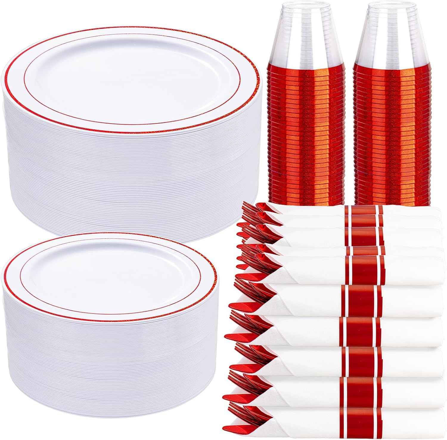 WELLIFE 700 Pieces Gold Plastic Dinnerware Set for 100 Guests - Includes Plates, Cups, Napkins, and Disposable Cutlery - Elegant White & Gold Design, Perfect for Parties and Events