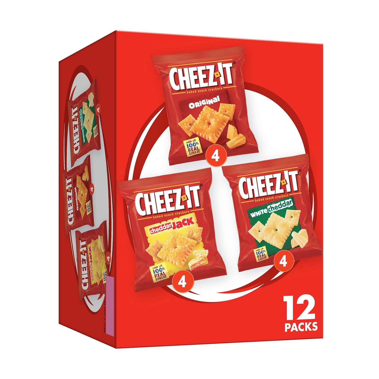 cheez-it variety pack, 12.1oz box, 12 packs, original, white cheddar, cheddar jack flavors