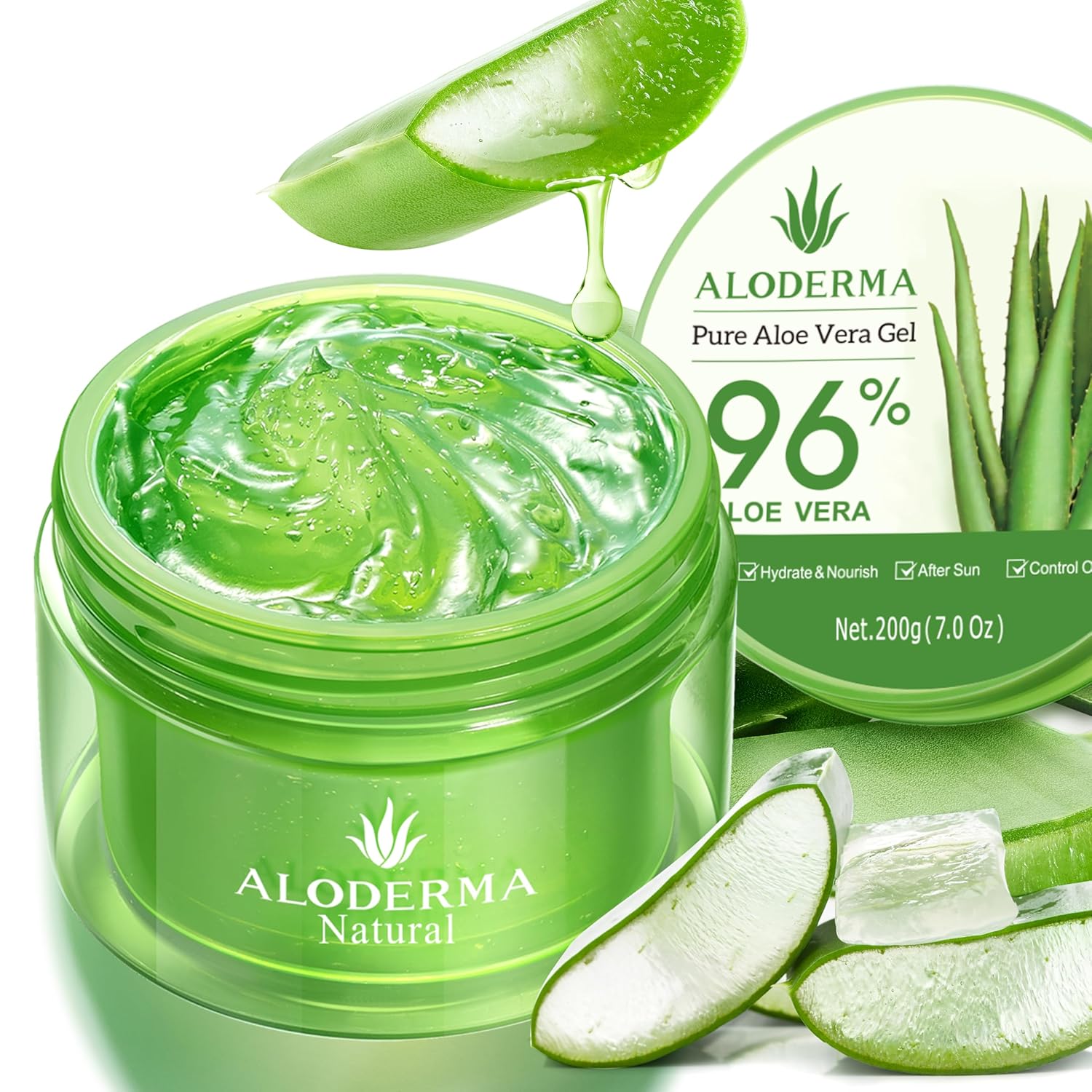 aloderma organic 96% aloe vera gel hydrating face body after-sun care 7oz