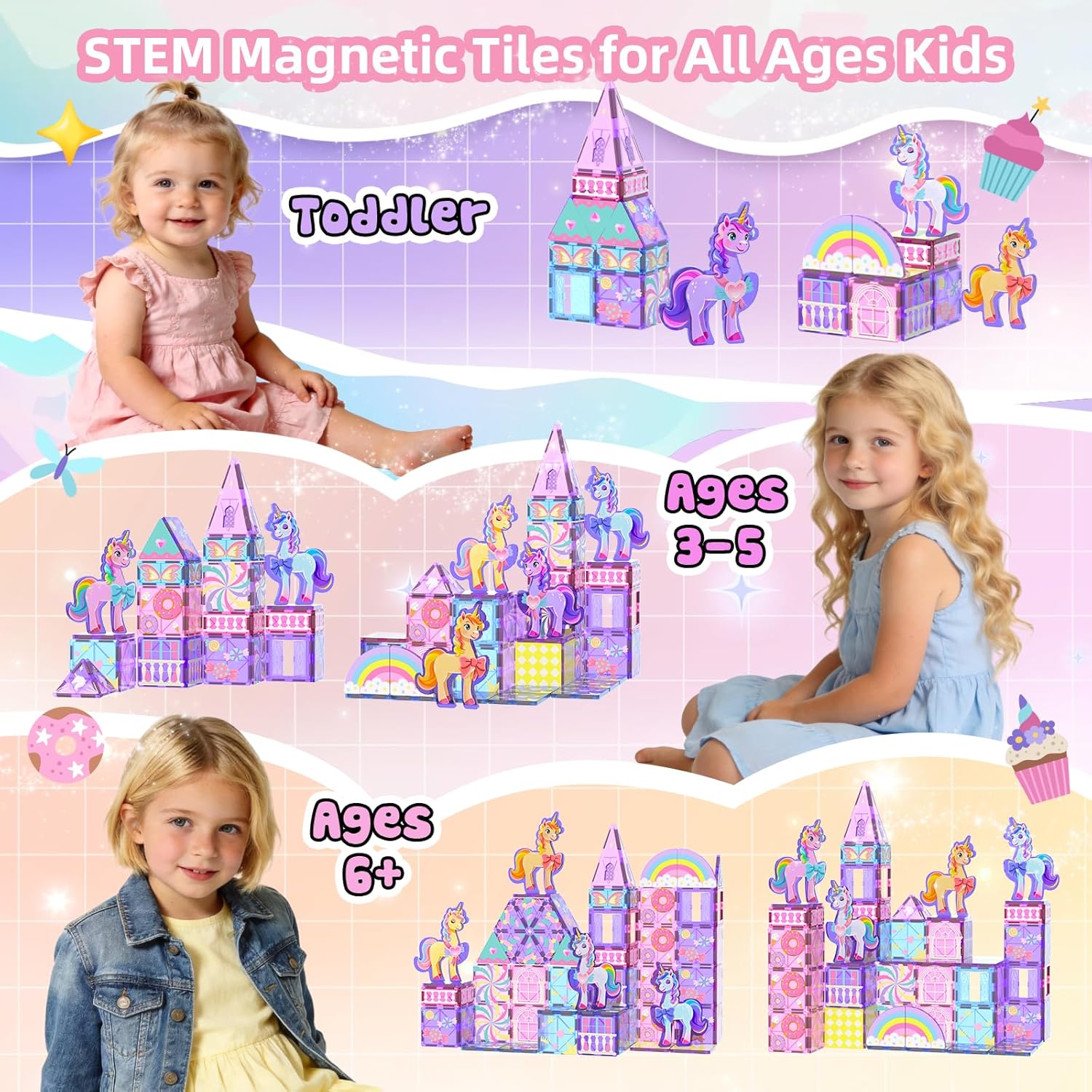 GobiDex 100PCS Unicorn Magnetic Tiles with 6 Unicorns, Princess Castle Unicorn Toys for Girls Age 4-6, Magnetic Building Blocks Toys for 3 4 5 Year Old Girl Birthday Gifts