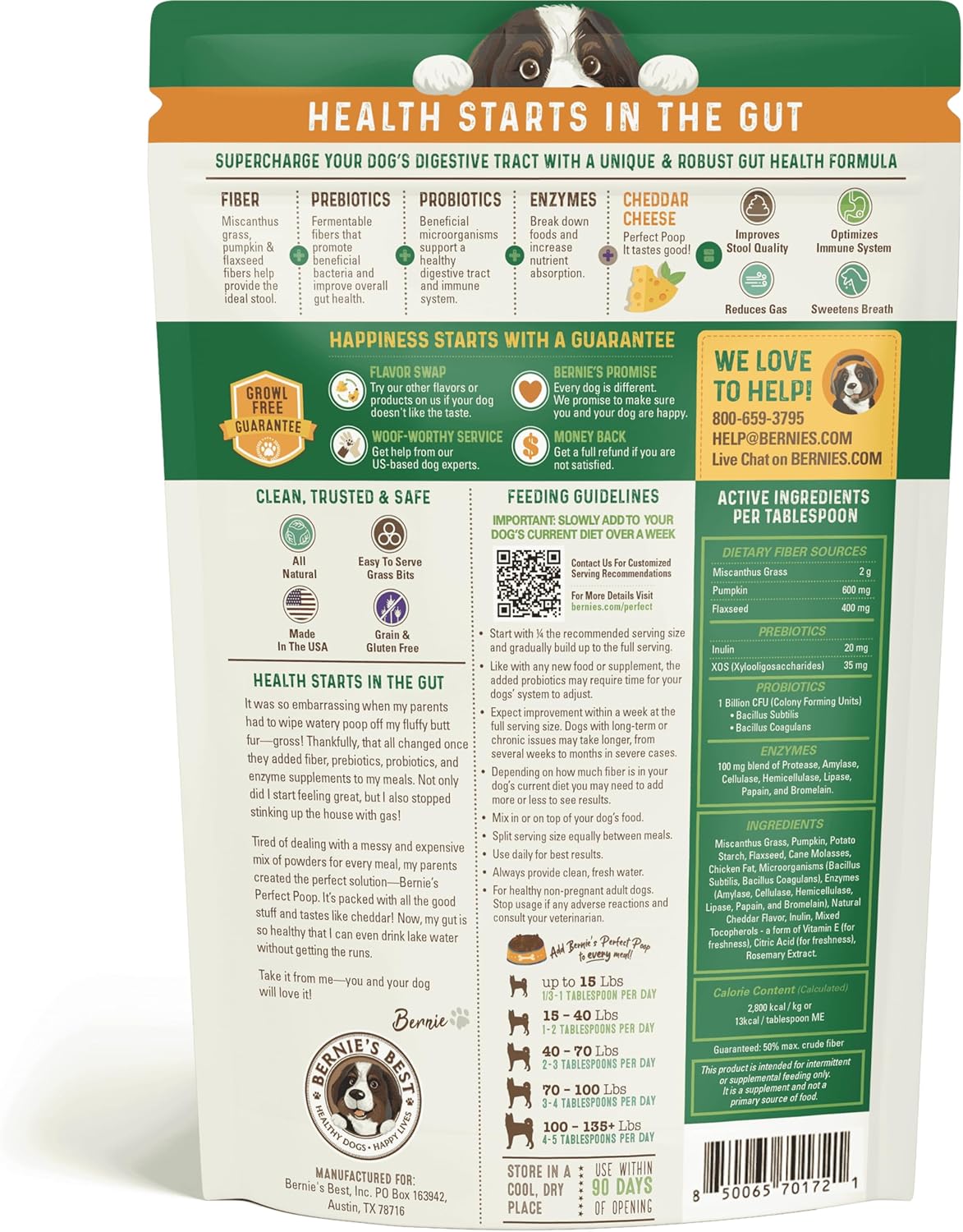 Perfect Poop Digestion & General Health Cheddar Cheese Supplement for Dogs: Fiber, Prebiotics, Probiotics & Enzymes Relieve Digestive Issues