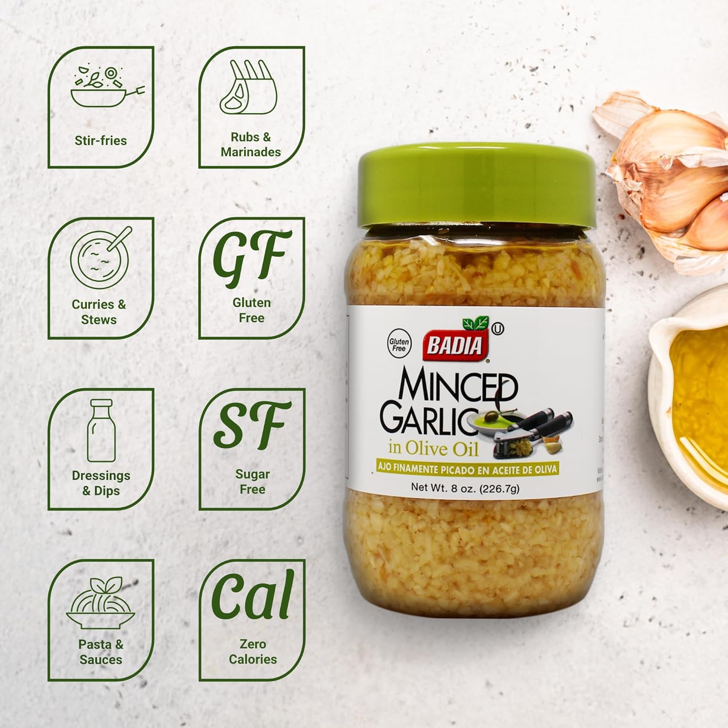 Badia Minced Garlic, 8 oz, premium quality, great for cooking, 100% natural, non-GMO, vegetarian, gluten-free