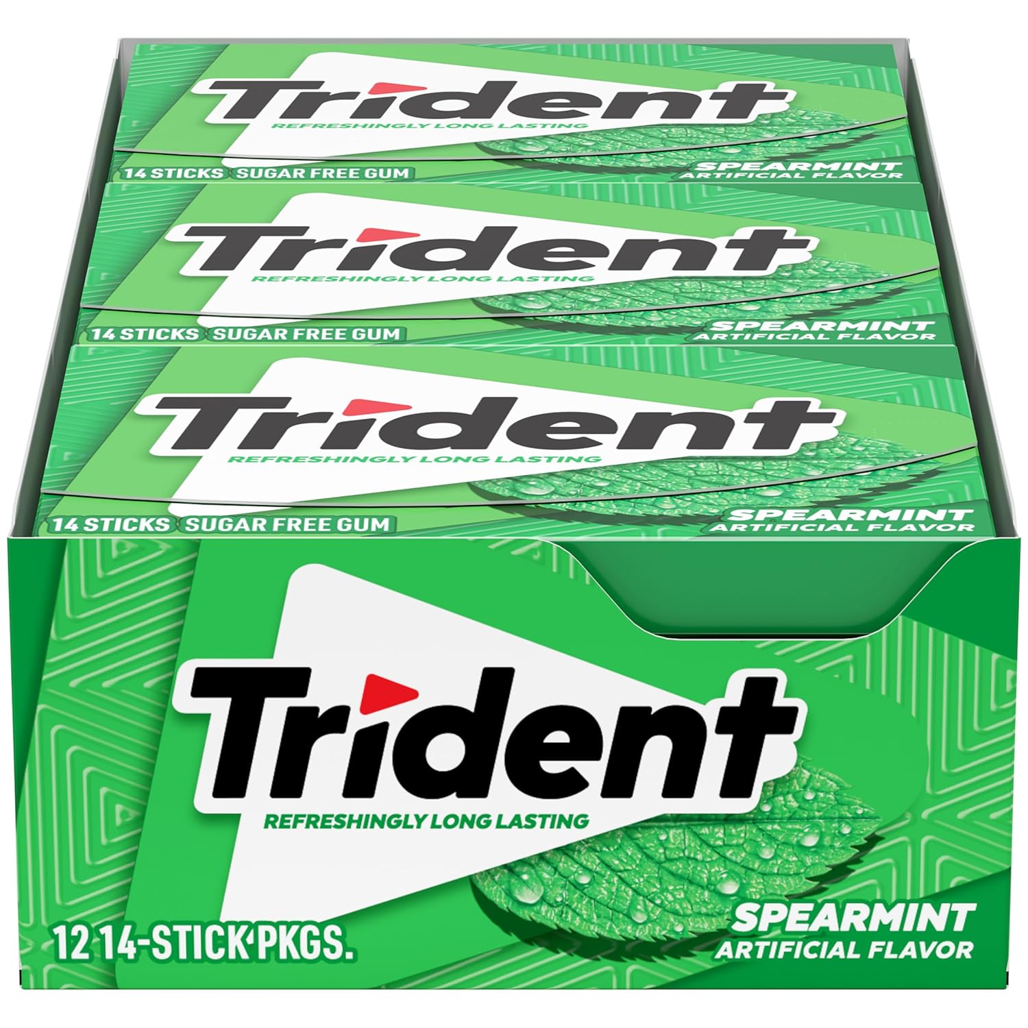 trident spearmint sugar-free chewing gum, 12 packs of 14 pieces, 168 total pieces, bulk sugarless gum