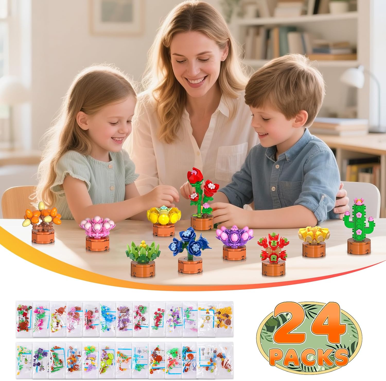 24 Pack Flowers Succulents Party Favors for Kids Building Set - 1012PCS Botanical Bonsai 3.6mm Mini Building Blocks Toy for Goodie Bags Stocking Stuffers Classroom Prize Birthday Gifts for Girl Boy 6+