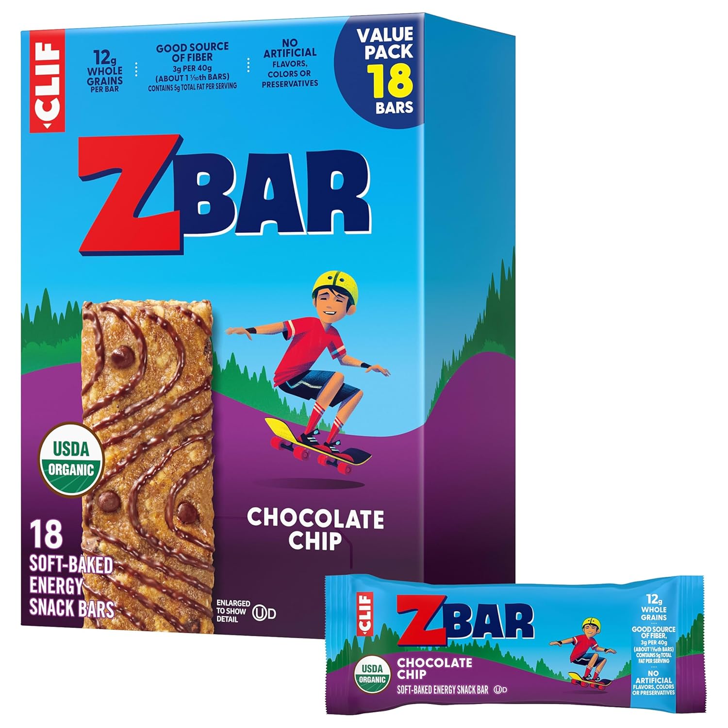 non-gmo usda organic chocolate chip soft-baked granola bars 18-pack 12g whole grains