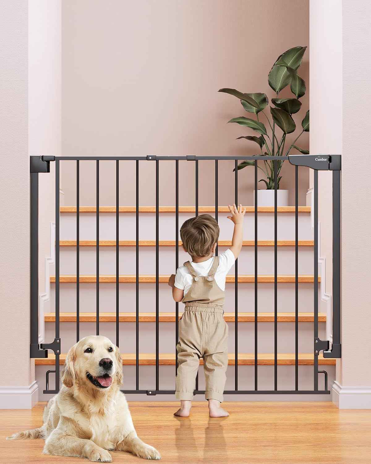 Cumbor 29.2–43" Baby Gate for Stairs, Wall-Mounted (Drill Required), Expandable No Bottom Bar Dog Gate, Auto Close Extra Wide Walk Thru, Pet & Toddler Proof Gate, Top & Bottom of Stairways (White)