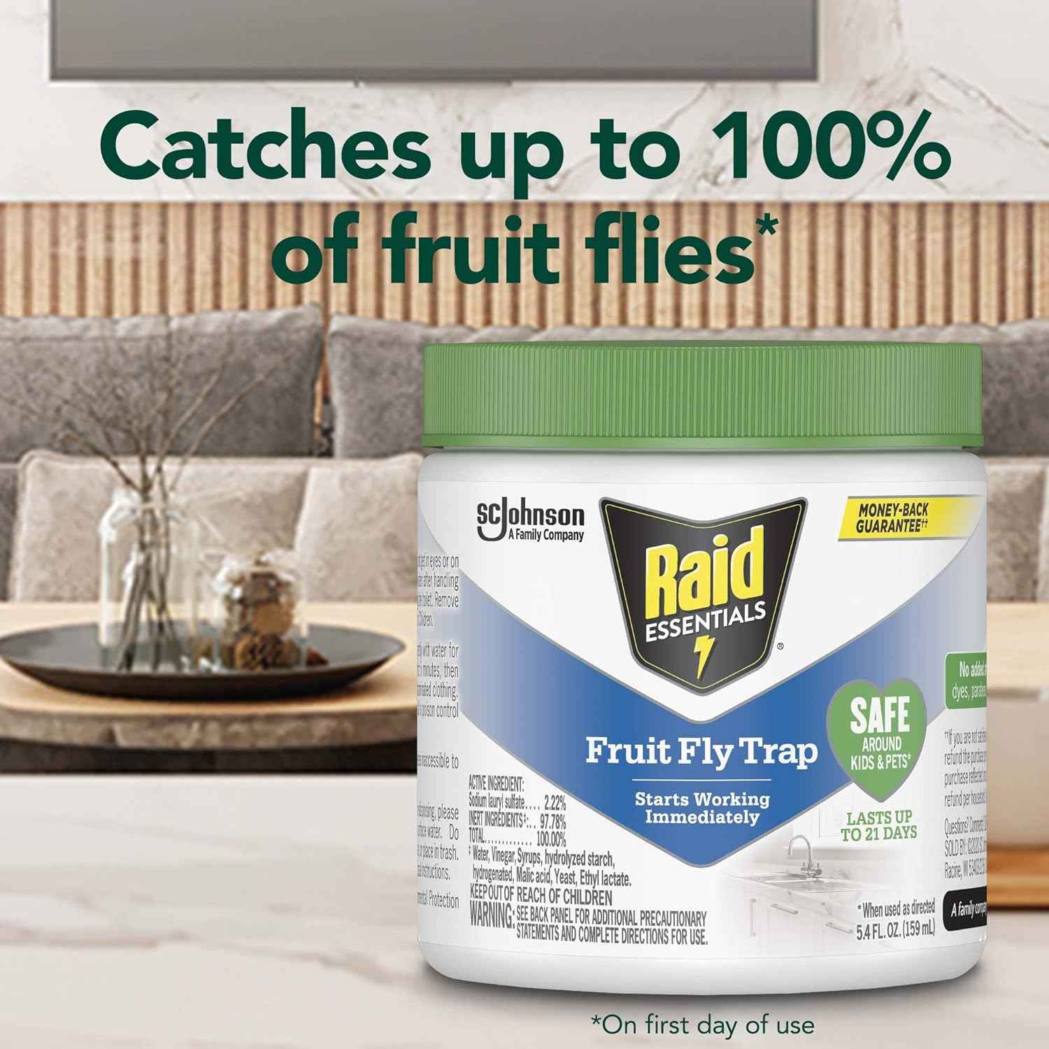 Raid Essentials Fruit Fly Trap for Indoors, Made with Essential Oils, Child and Pet Safe, 5.4 oz