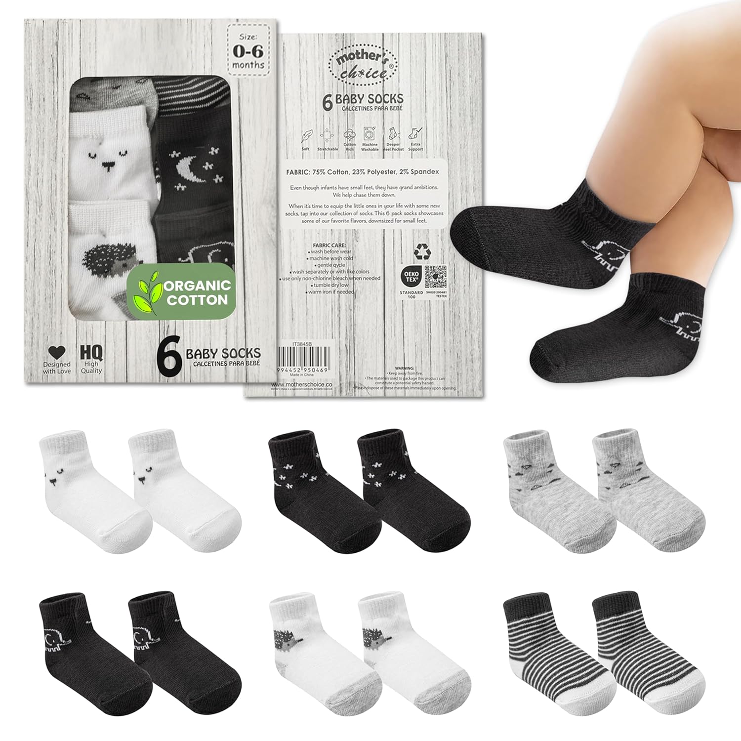 Mother's Choice Organic Cotton Baby Socks 0-6 Months, 12 pairs, Soft, Cozy, and Gentle Socks for Infants Girls and Boys