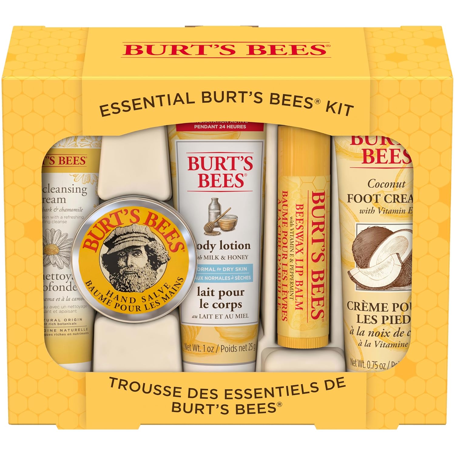 Burt's Bees essentials set with deep cleansing cream, hand salve, body lotion, foot cream, and lip balm - travel size