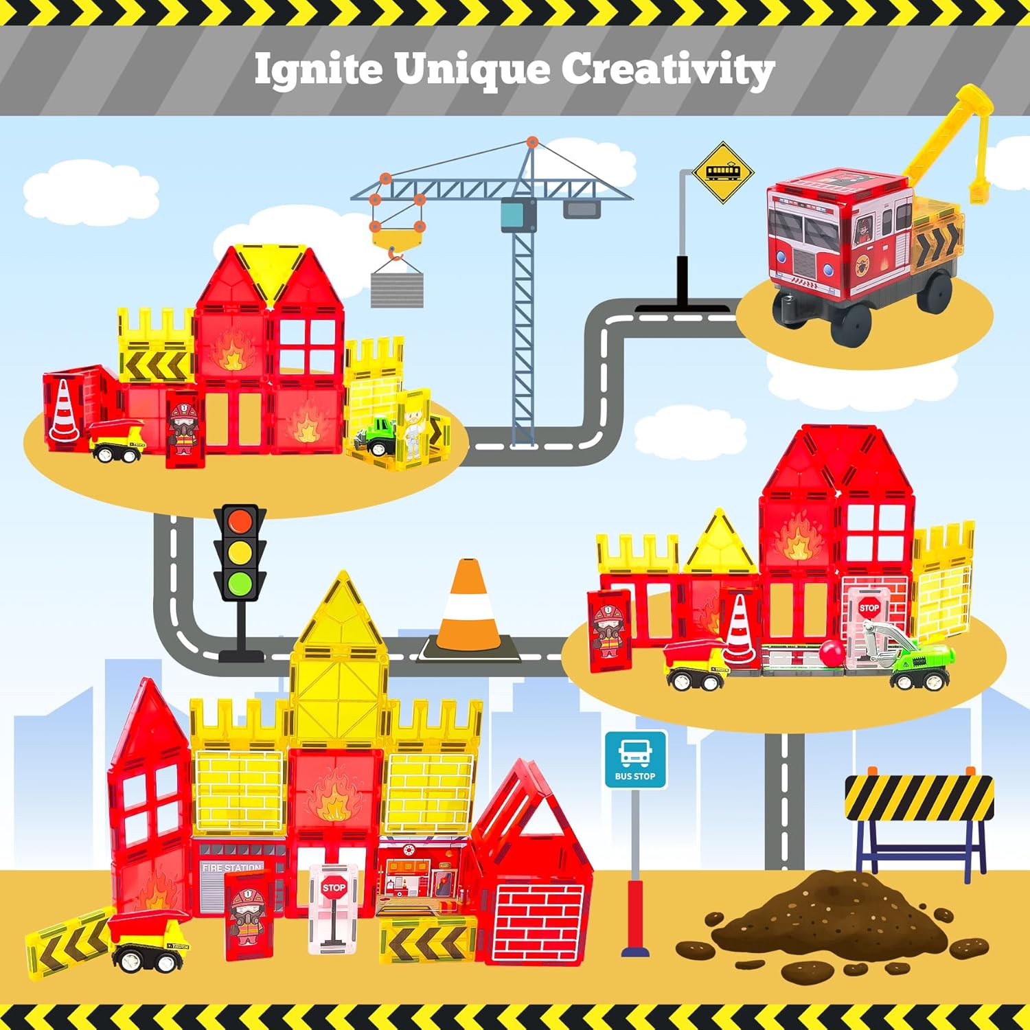 Magnetic Tiles for Kids, 56PCS Construction Magnet Tiles with Fire Truck Station, Building, Road, Crane, Car Truck - STEM Magnetic Blocks for Kids Ages 4-8, Toys for 4 5 Year Old Boys Birthday Gifts