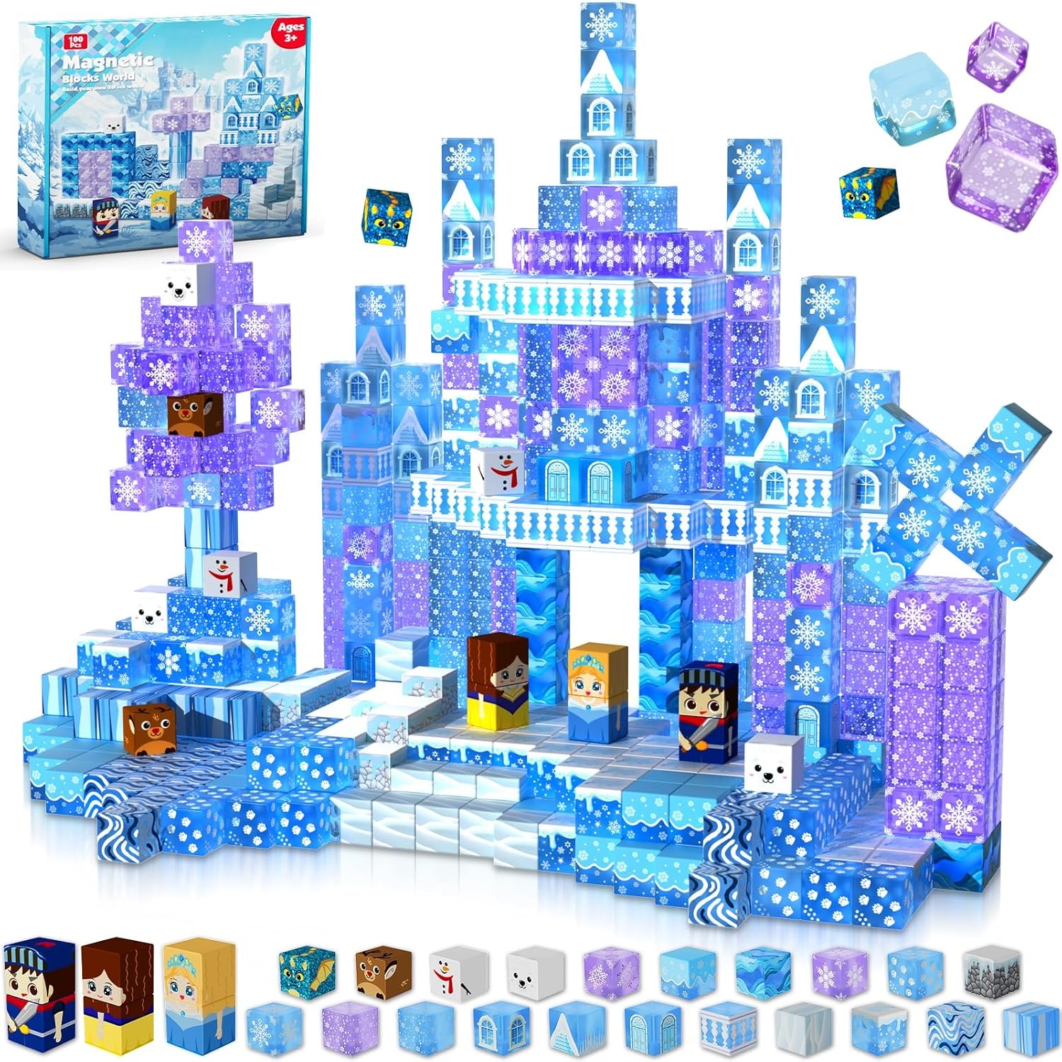 Magnetic Blocks - 100Pcs 0.8in Magnetic Building Block for Kids Ages 4-8, Transparent Magnet Block Blue Princess Castle, Frozen Magnetic Cubes Tiles Princess Toy for Girl 3 4 5 6 7 8-12 Birthday Gift