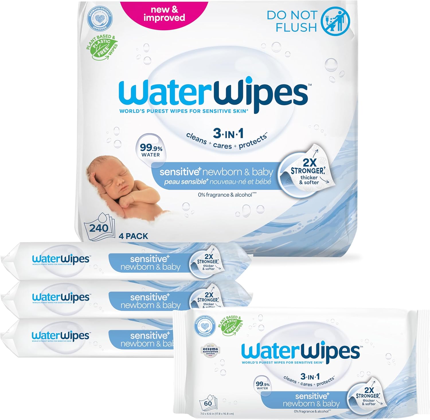 WaterWipes Sensitive+ Newborn & Baby Wipes, 3-in-1 cleans, cares, protects, 99.9% water, unscented & hypoallergenic, 60 count, 2x stronger, thicker & softer