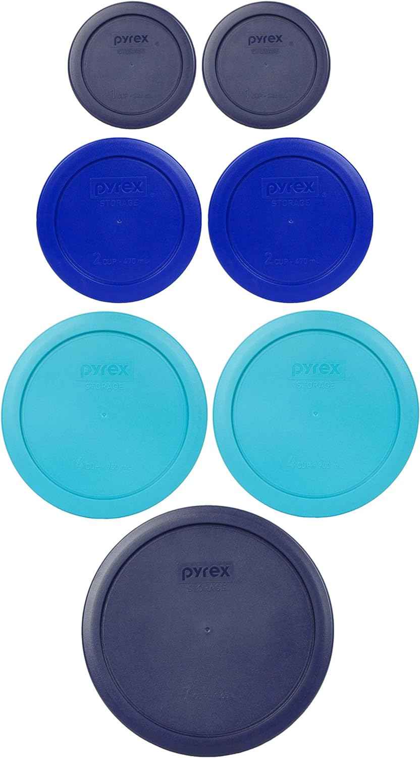 Pyrex (2) 7202-PC Green, (2) 7200-PC Orange, (2) 7201-PC Cobalt Blue, (1) 7402-PC Red Food Storage Lids - Made in USA