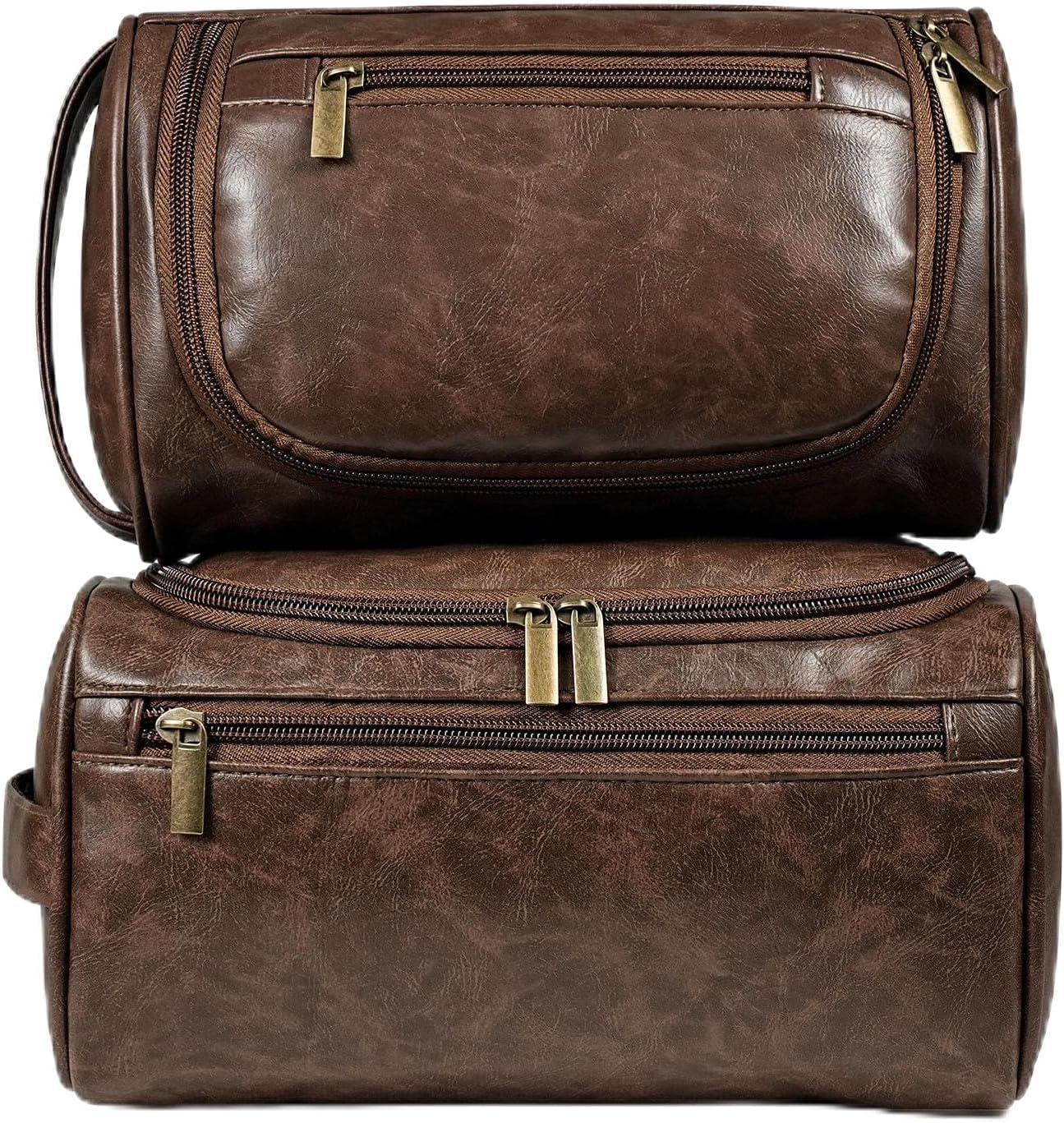large water-resistant leather dopp kit & medium travel bag set for men - brown