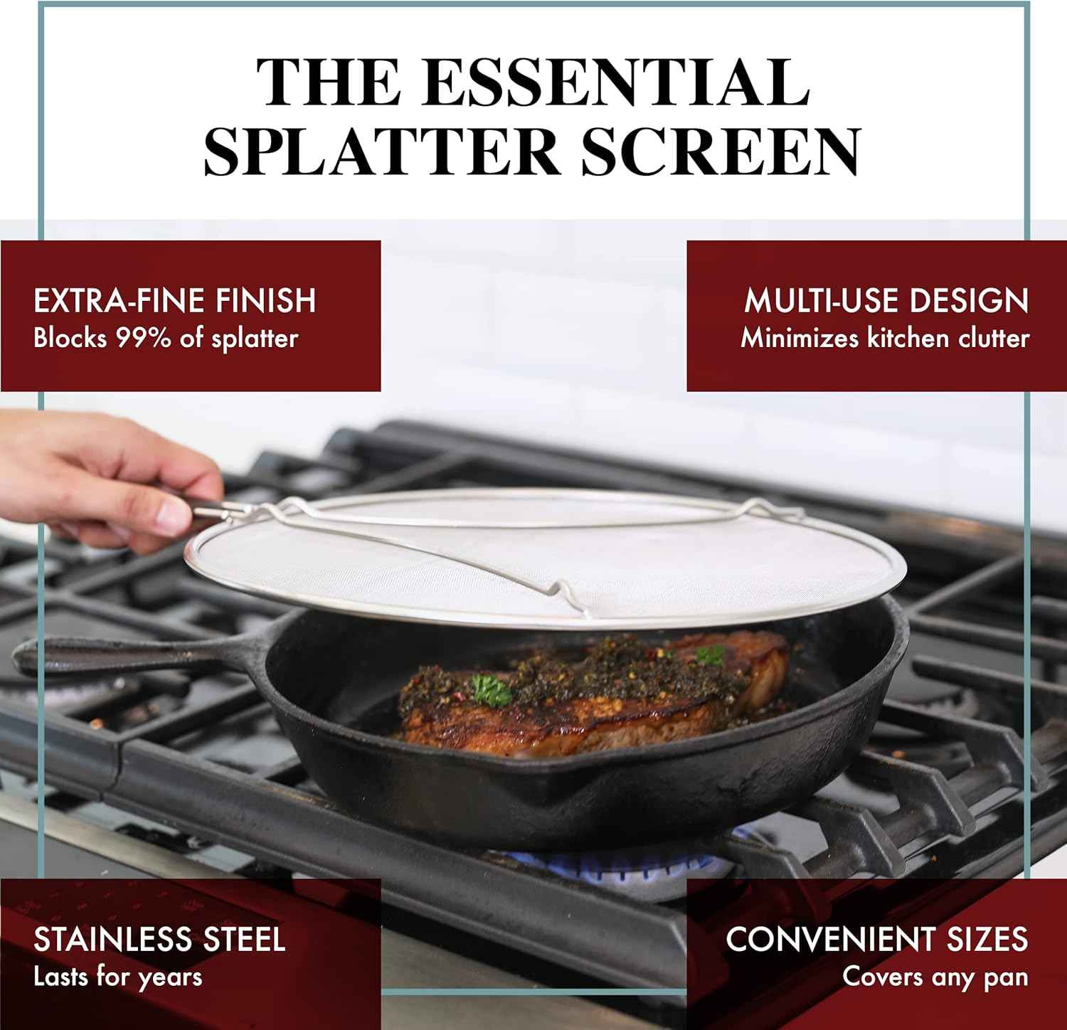 BergKoch Splatter Screen for Frying Pan - 13 Inch Stainless Steel Grease Splatter Guard - Cover Oil Splash when Sizzling Bacon, Cooking Fried Chicken or Popcorn