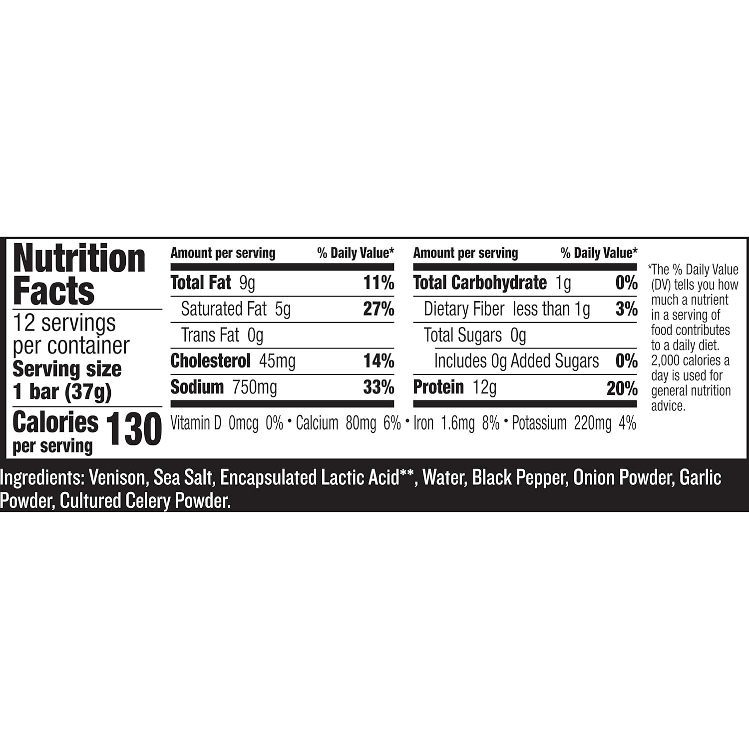 venison sea salt and pepper bars, keto friendly, whole30 approved, gluten free, 12 count, 15.6 oz