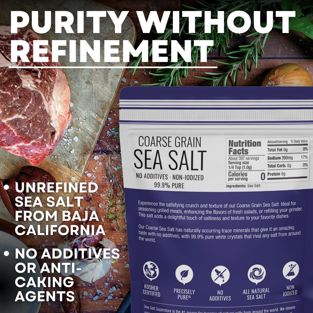 Sea Salt Superstore Coarse Grain Kosher Non-Iodized Baja Salt Refill for Grinder, 14 oz Bag