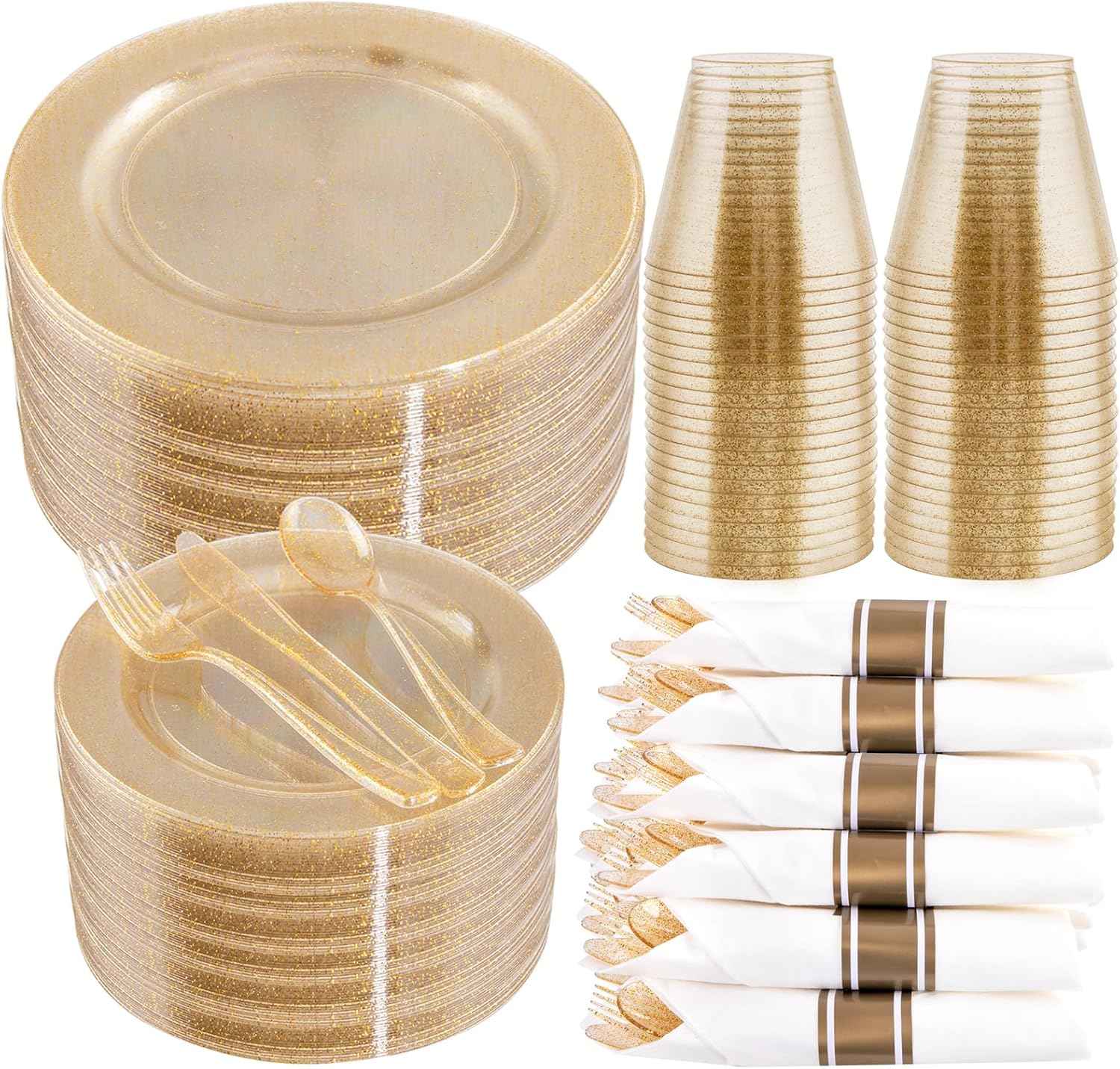 WELLIFE 700 Pieces Gold Plastic Dinnerware Set for 100 Guests - Includes Plates, Cups, Napkins, and Disposable Cutlery - Elegant White & Gold Design, Perfect for Parties and Events