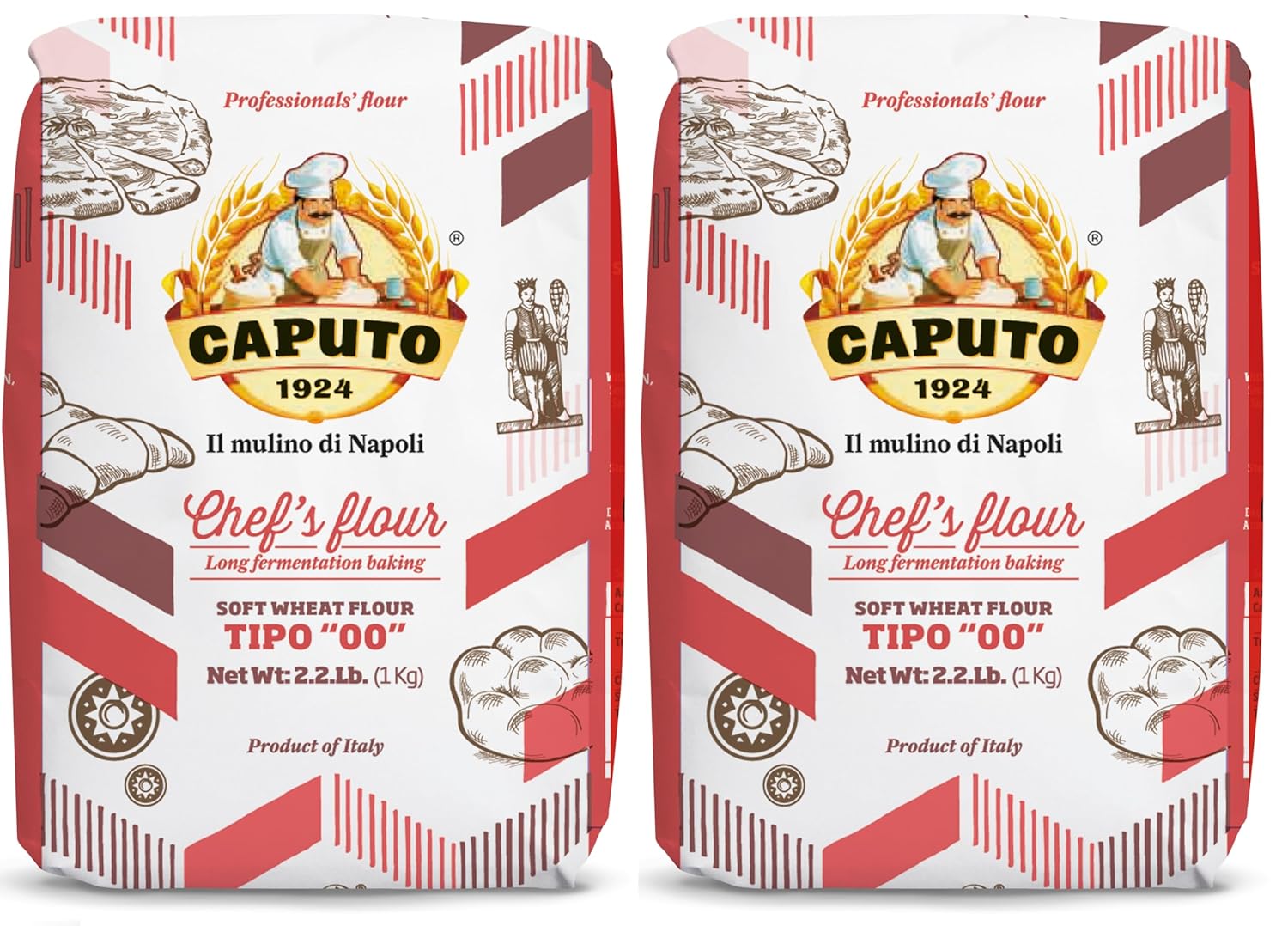 caputo chefs flour 2.2 lb pack of 2 italian double zero 00 soft wheat for pizza dough bread and pasta