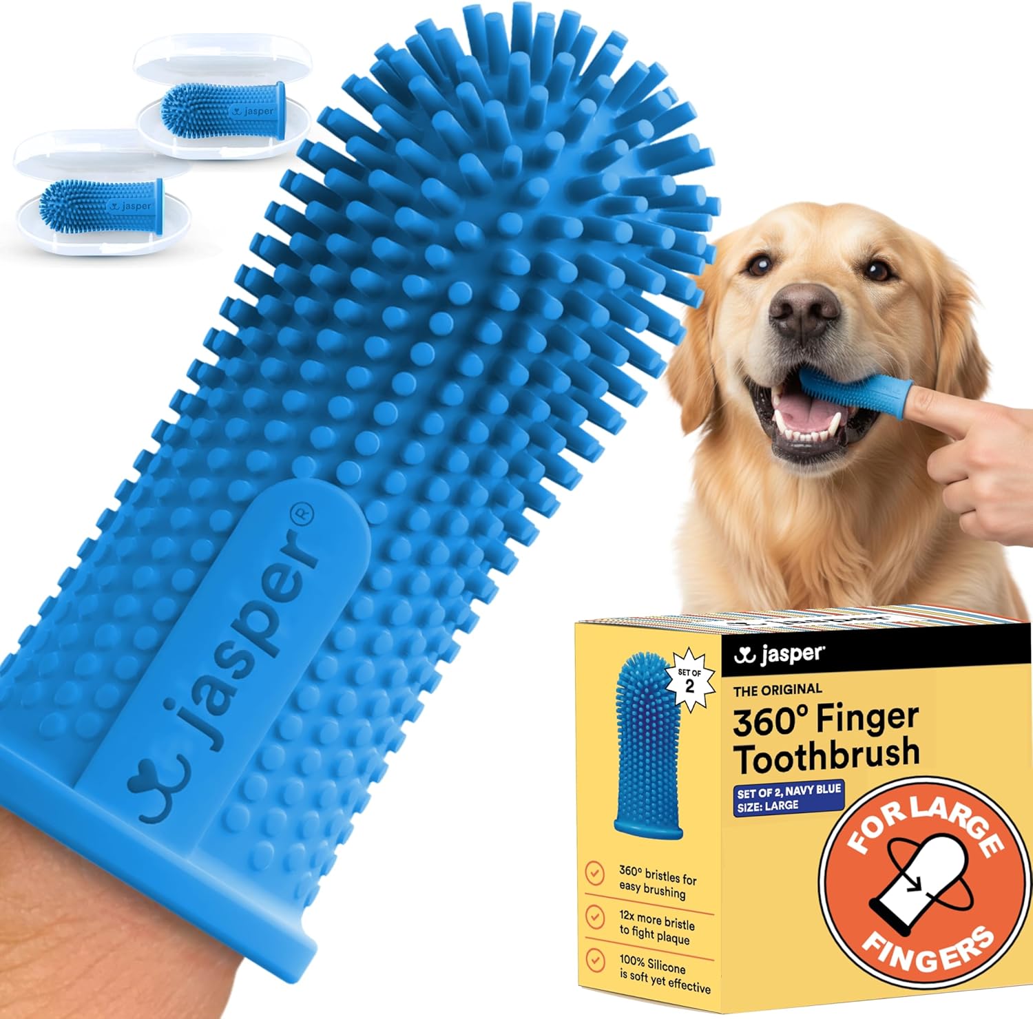 Jasper 2-pack 360-degree dog toothbrush kit for small and large pets, blue