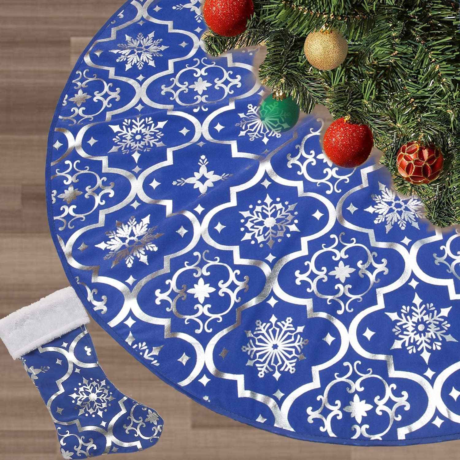 Flash World 48 Inch Large Christmas Tree Skirt Xmas Soft Cover Mat Decor Snowflake Collar Farmhouse Tree Skirt for Holiday Ornaments Party Home Indoor Decorations (Red, 48INCH)