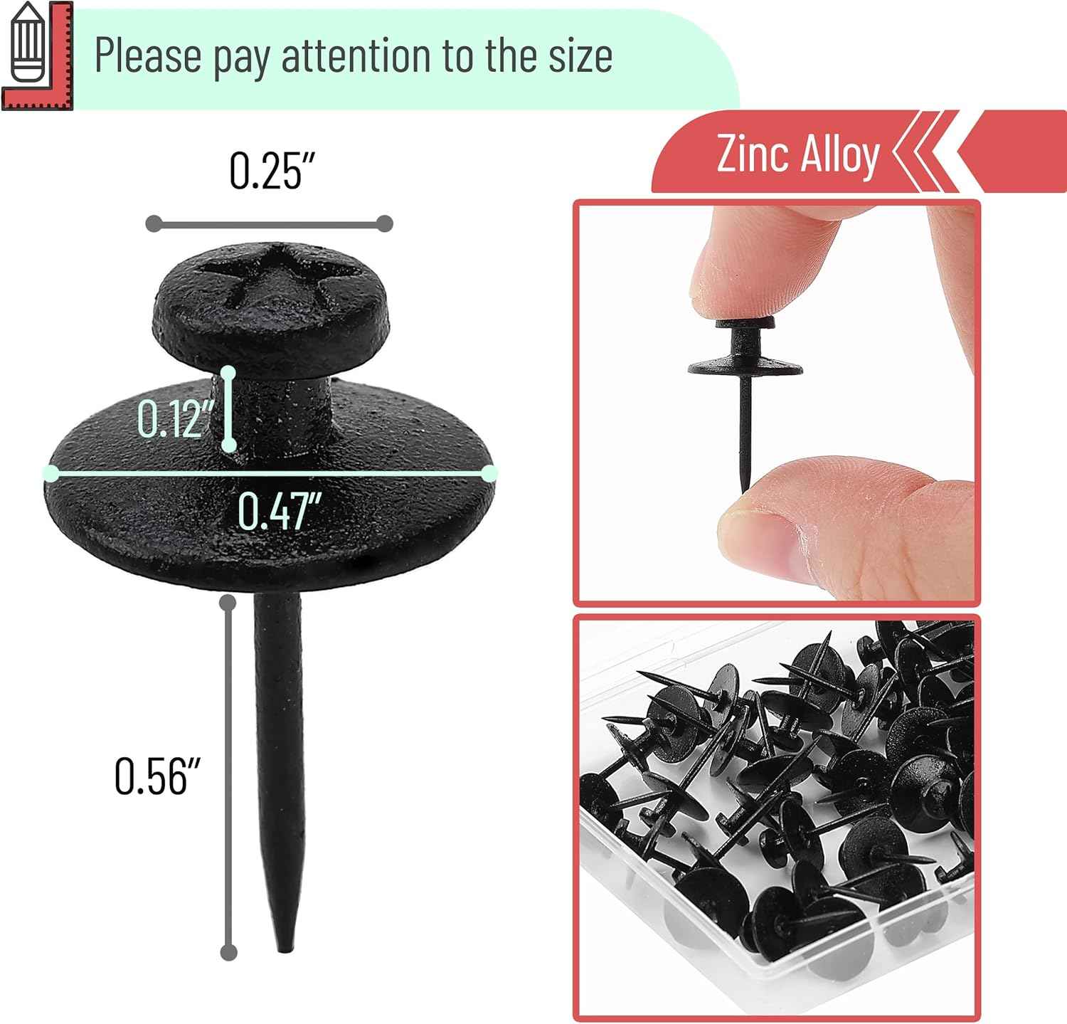 Mr. Pen- Double Headed Picture Hanging Nails, 50 Pack, Black, Push Pins for Wall