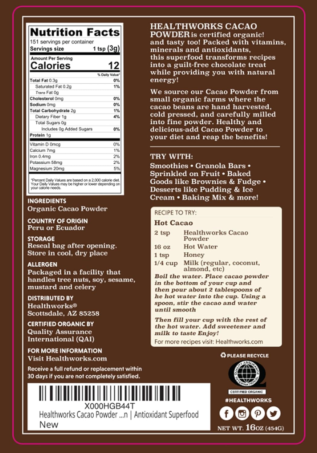 Healthworks organic cacao powder 16 oz 1 lb peruvian bean nut origin sugar free keto vegan non gmo