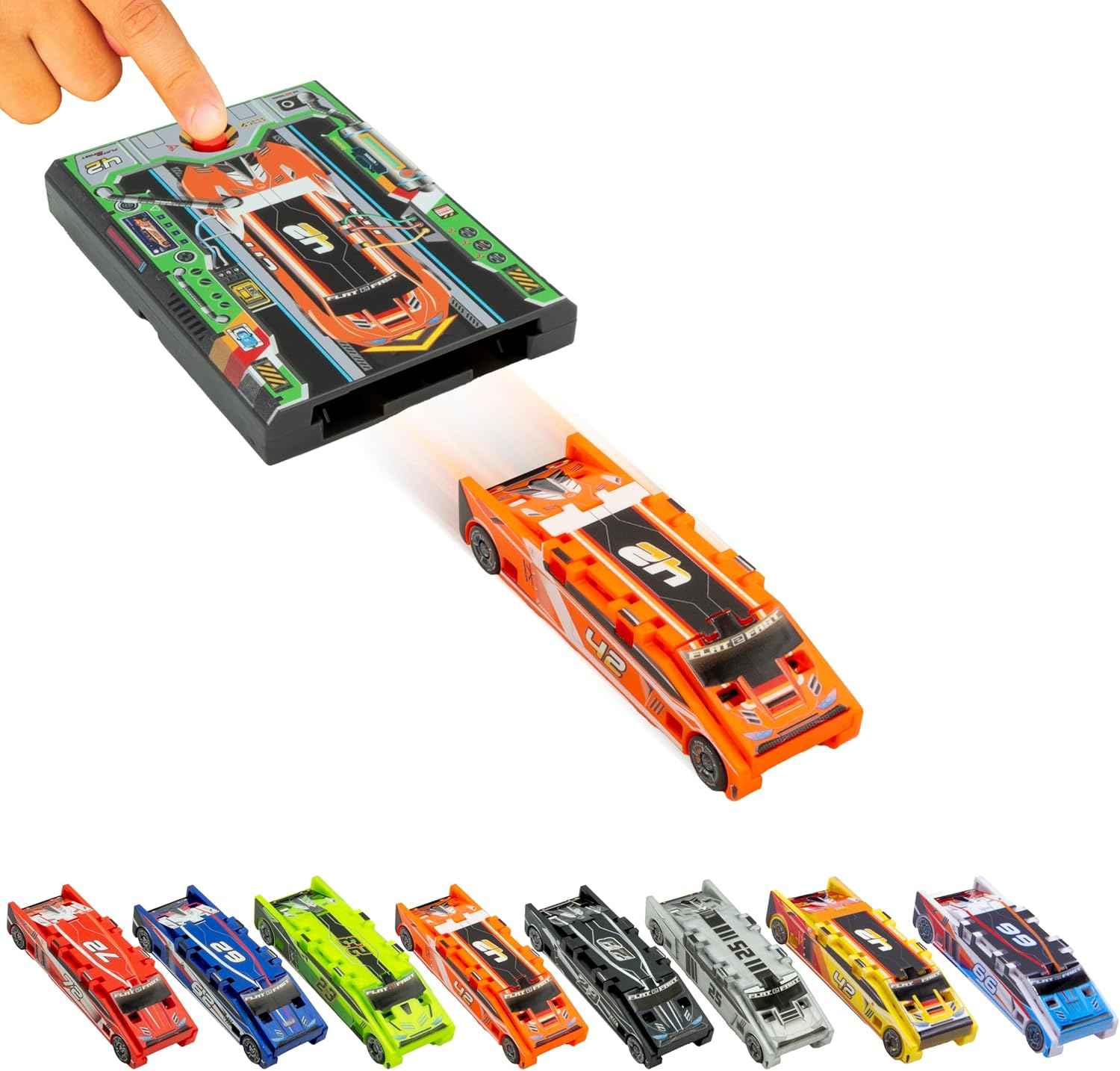 FLAT 2 FAST Original Stunt Card Racer – Flat Car Racer and Pocket Size Racecar Launcher with Built-in Button for Stunt Launching and Racing – Compact – Crimson Red