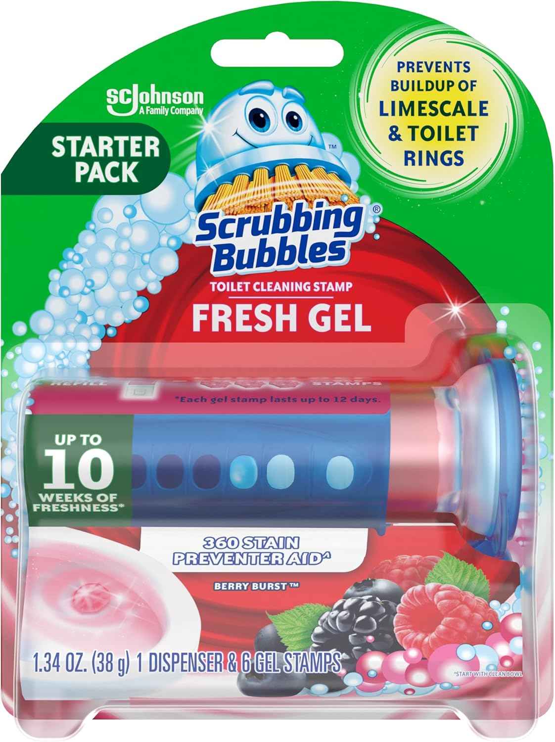 Scrubbing Bubbles Fresh Gel Toilet Bowl Cleaning Stamps, Helps Keep Toilet Clean and Helps Prevent Limescale & Rings, Lavender Scent, 1 Dispenser with 6 Fresh Gel Stamps