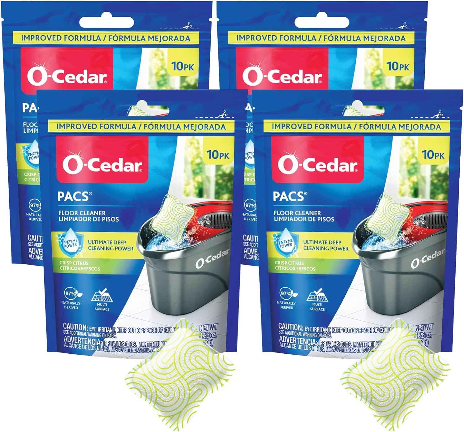 O-Cedar PACS Hard Floor Cleaner, Crisp Citrus Scent 10 Count (1-Pack) | Made with Naturally-Derived Ingredients | Safe to Use on All Hard Floors | Perfect for Mop Buckets