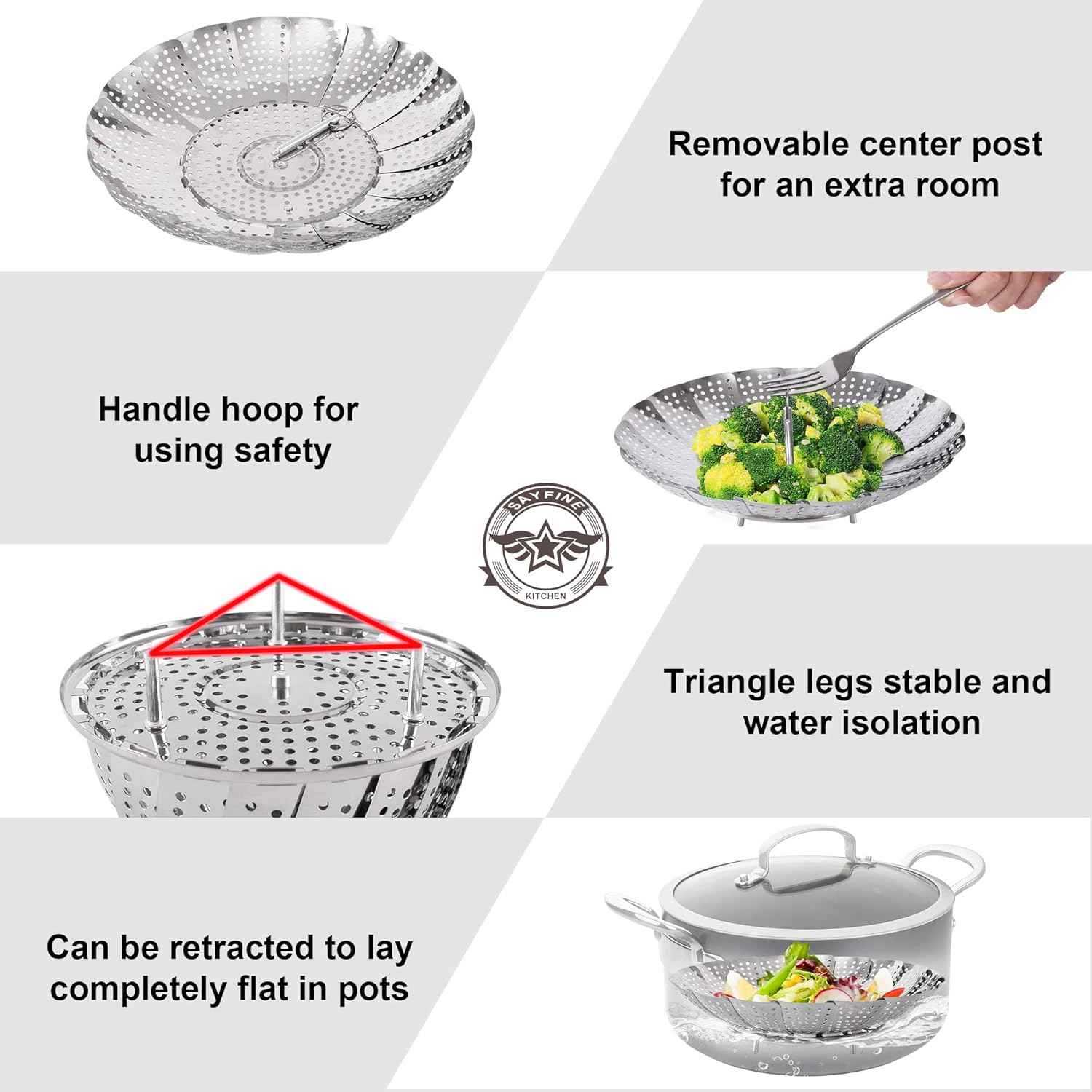 Zocy Steamer Basket, Stainless Steel Vegetable Steam Baskets for Steaming Cooking Expandable to Fit Various Size Pot (5.5" to 9.3")