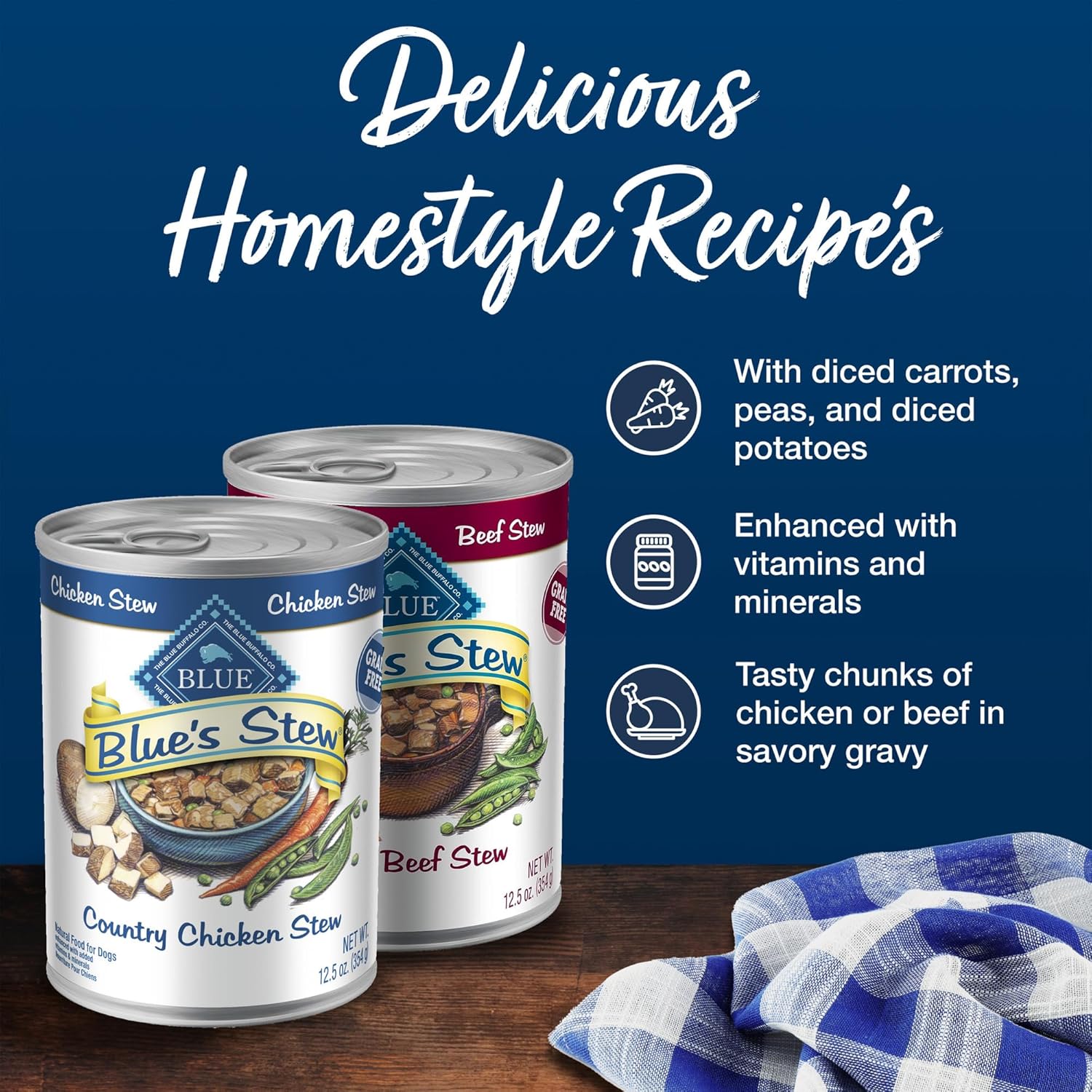 blue buffalo blue's stew grain-free wet dog food, hearty beef and country chicken variety pack, 12.5-oz cans, 6 count