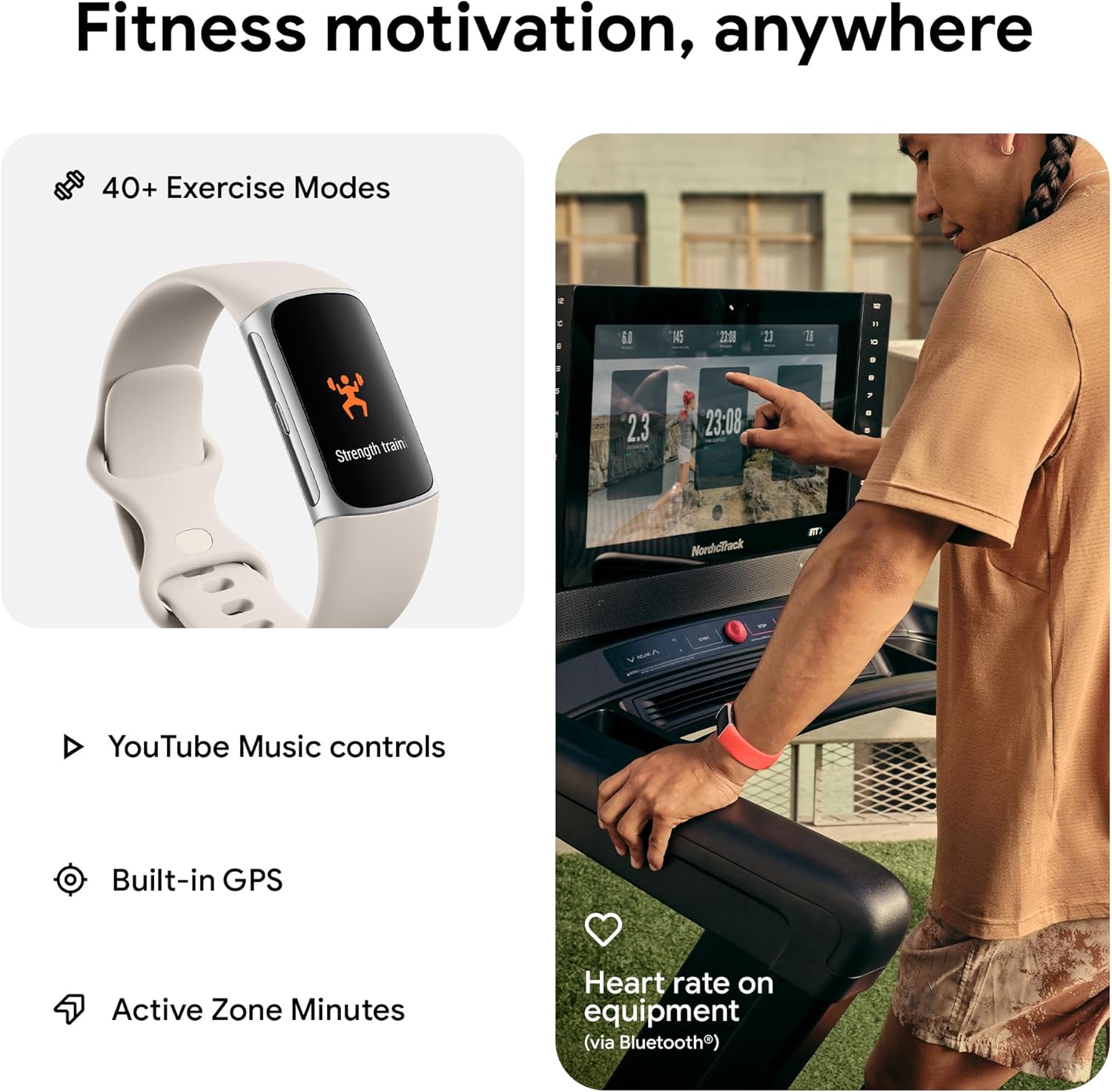 Fitbit Charge 6 Fitness Tracker with Google apps, Heart Rate on Exercise Equipment, 6-Months Premium Membership Included, GPS, Health Tools and More, Porcelain/Silver, One Size (S & L Bands Included)