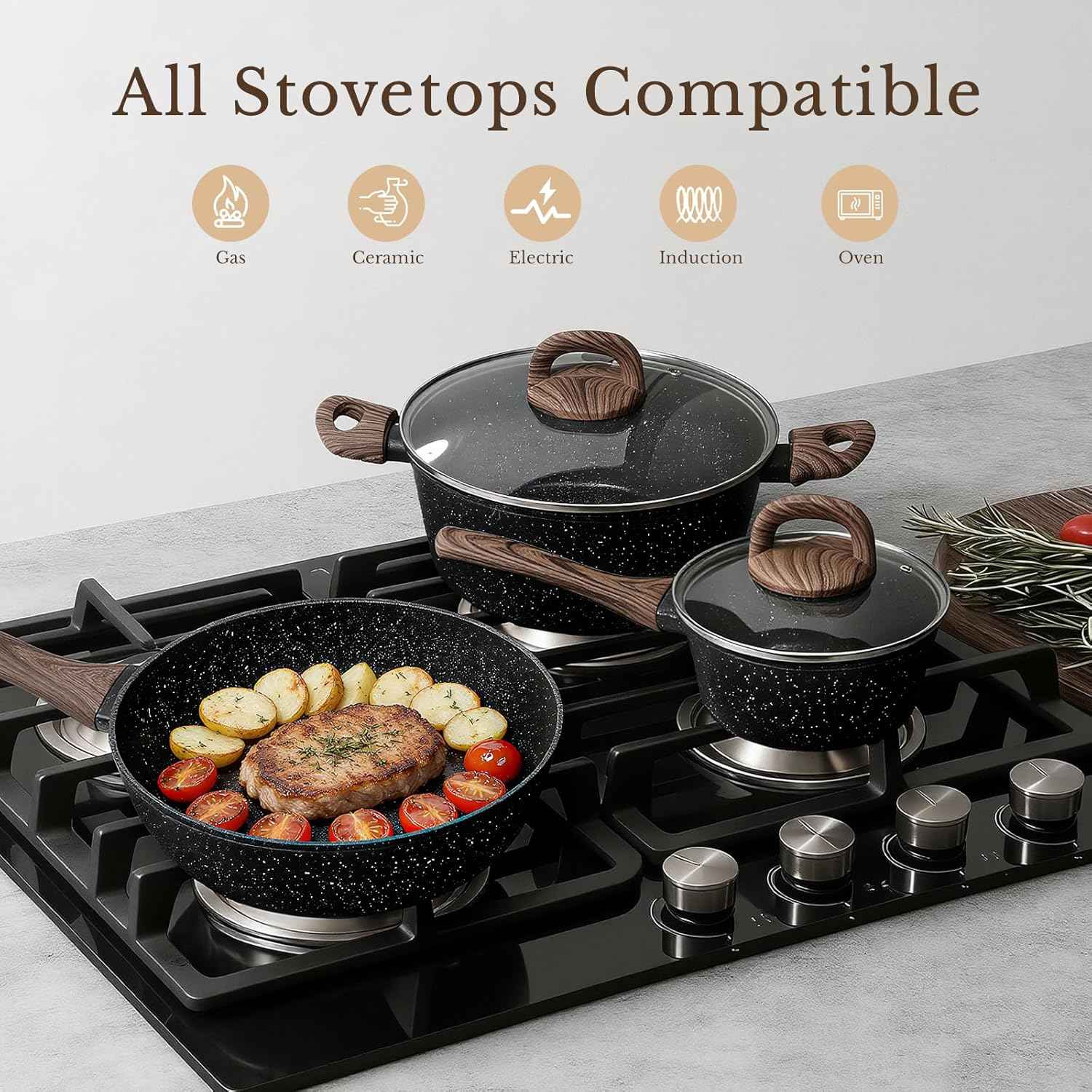 EWFEN 25 Pcs Pots and Pans Set, Nonstick Ceramic Cookware Sets, Healthy Non-Toxic, Large Capacity, Induction Compatible, Cooking Set with Frying Pans & Saucepans, PFAS/PTFE/PFOA Free, Classic Black