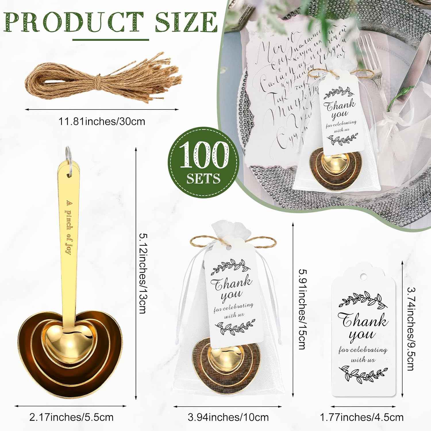 Umigy 100 Set Heart Shaped Measuring Spoon Tea Spoons Wedding Baby Shower Favors for Guests Set Heart Shape Drawstring Organza Bag Gift Tag Rope for Wedding Bridal Shower Souvenir (Gold)