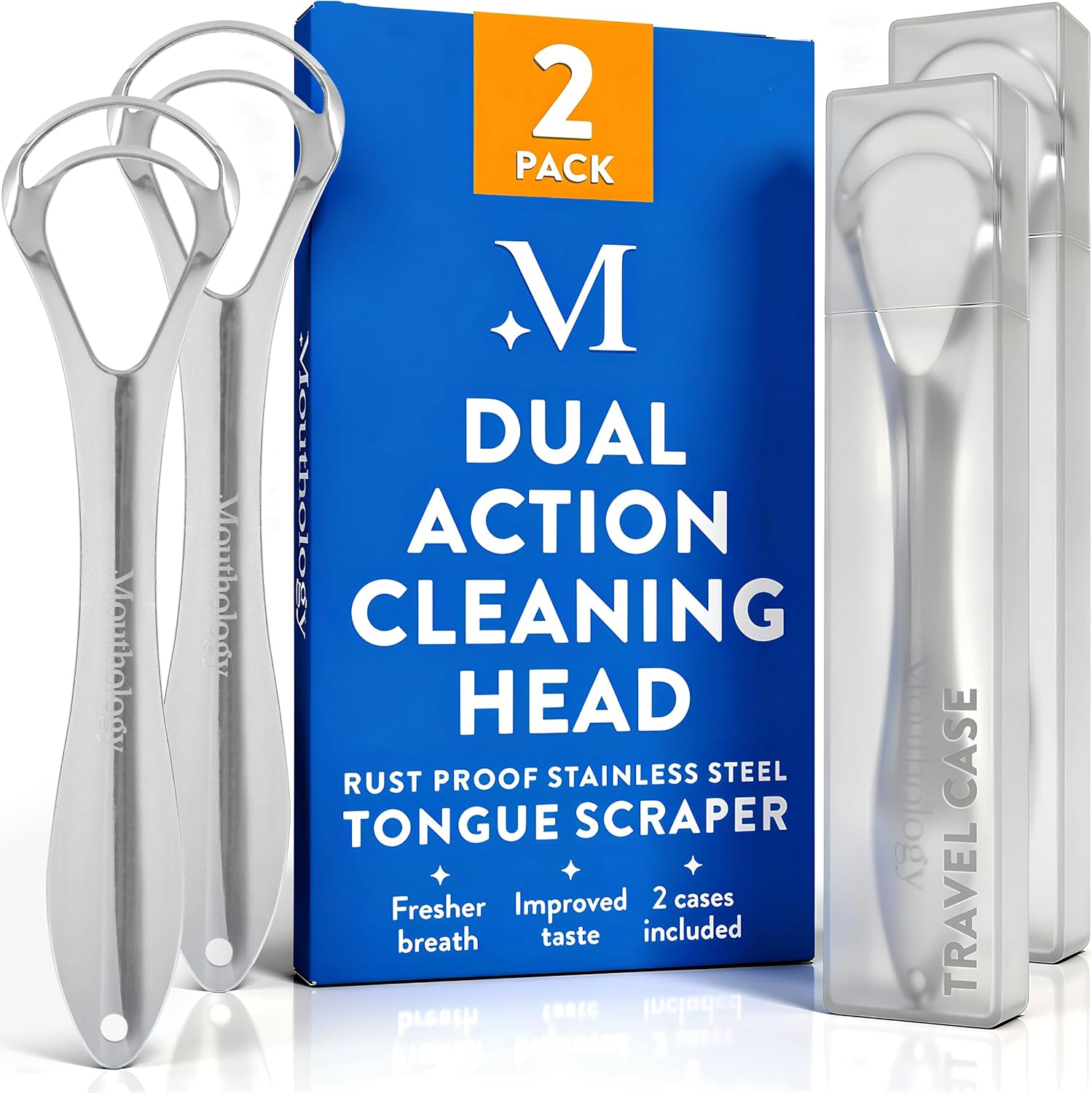 Mouthology 2-pack tongue scraper for adults, metal, stainless steel, tongue cleaner for hygiene
