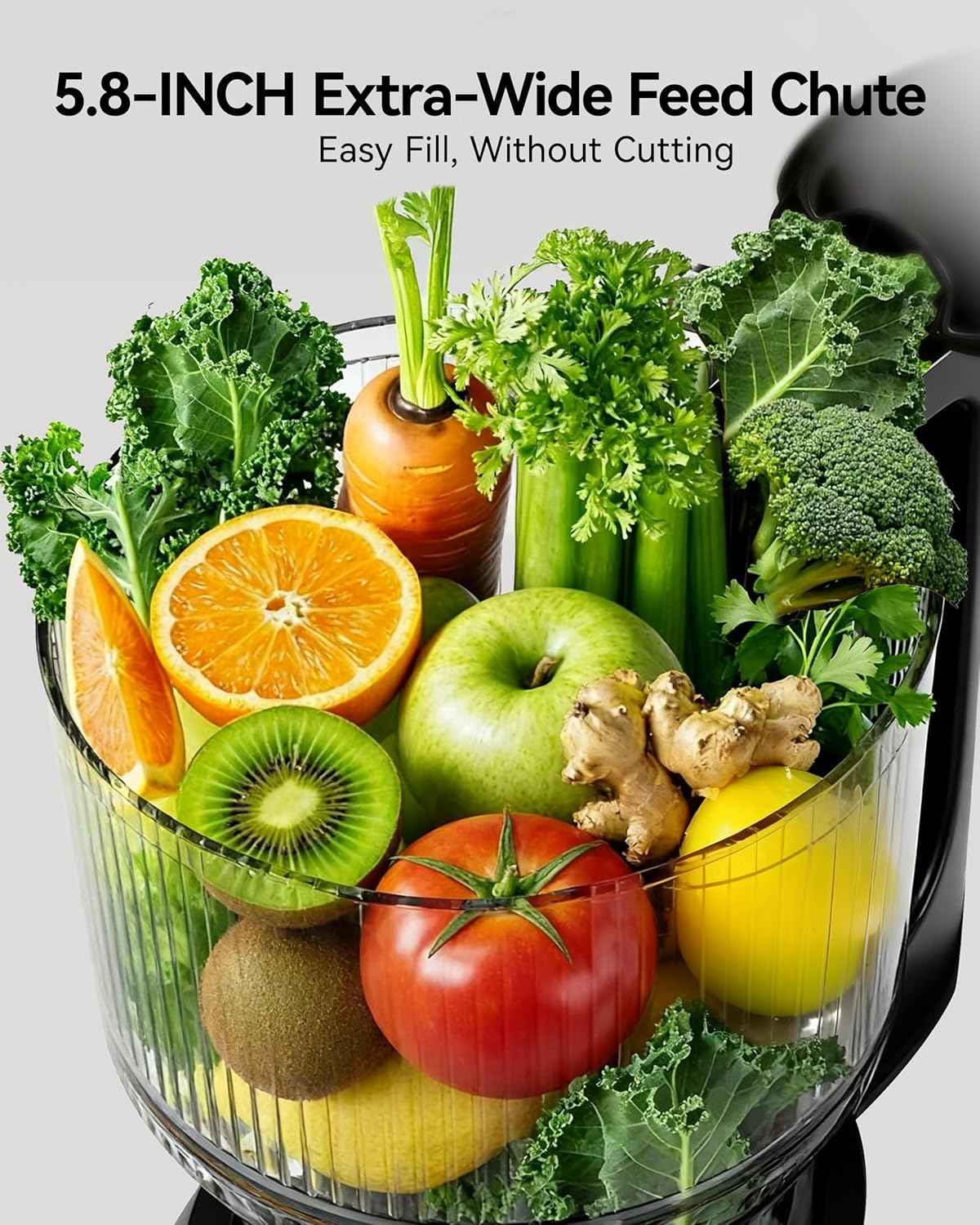 Cold Press Juicer, EUHOMY 5.8" Wide Feed Chute Juice Extractor Machine with 400W, High Juice Yield, Slow Masticating Juicer for Whole Vegetables & Fruits, Deep Silver